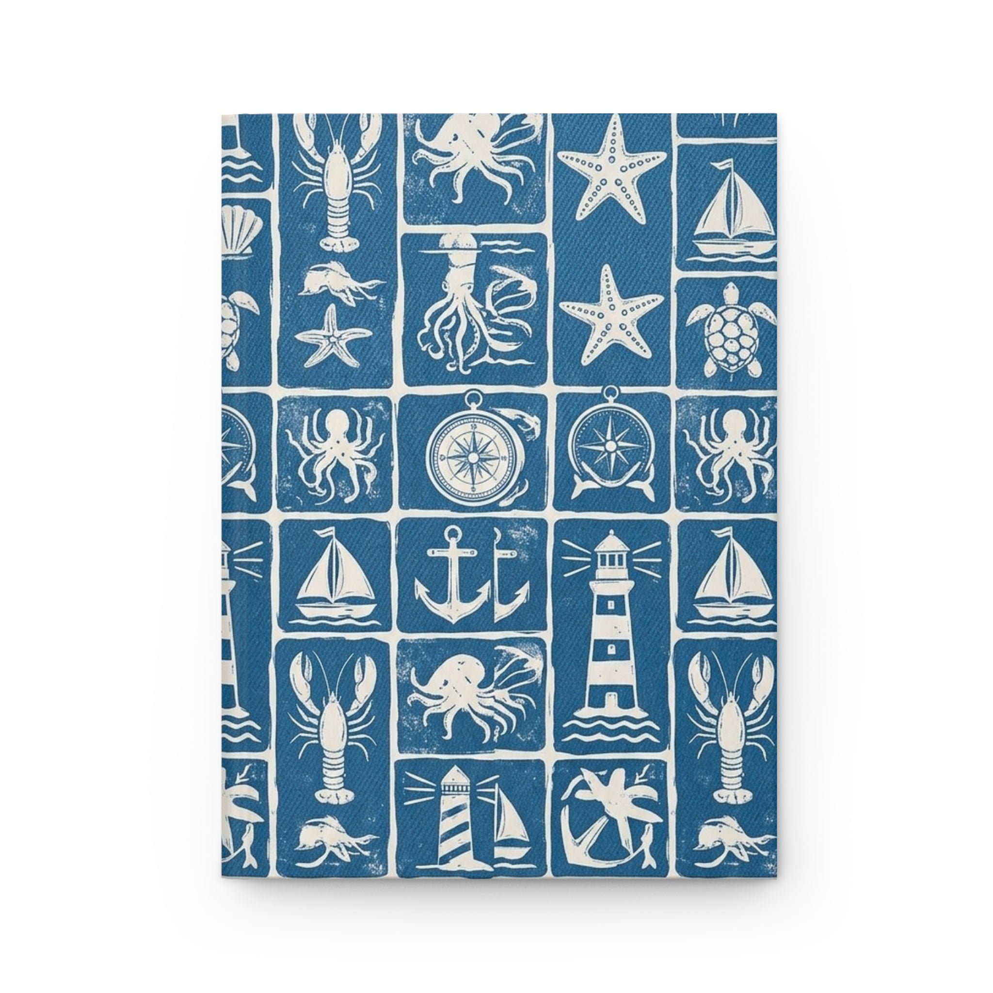 Nautical Icons Hardcover Journal — Compass, Lighthouse & Sea Life Pattern