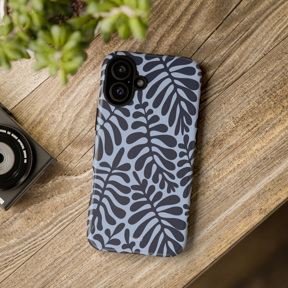 Floral Fern Tough Phone Case – Navy Blue on Light Blue, Protective Slim Cover