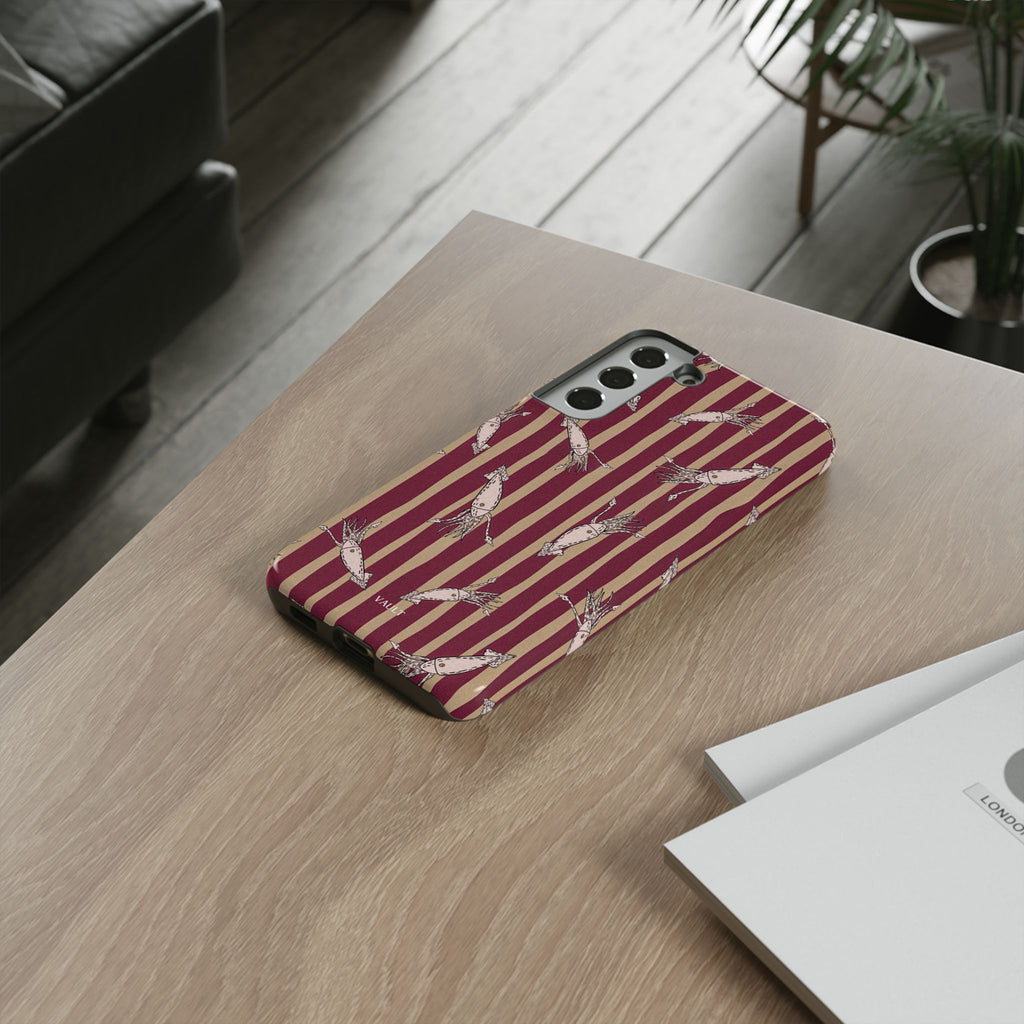 Phone Case - Vintage Shrimp Pattern on Burgundy Stripes