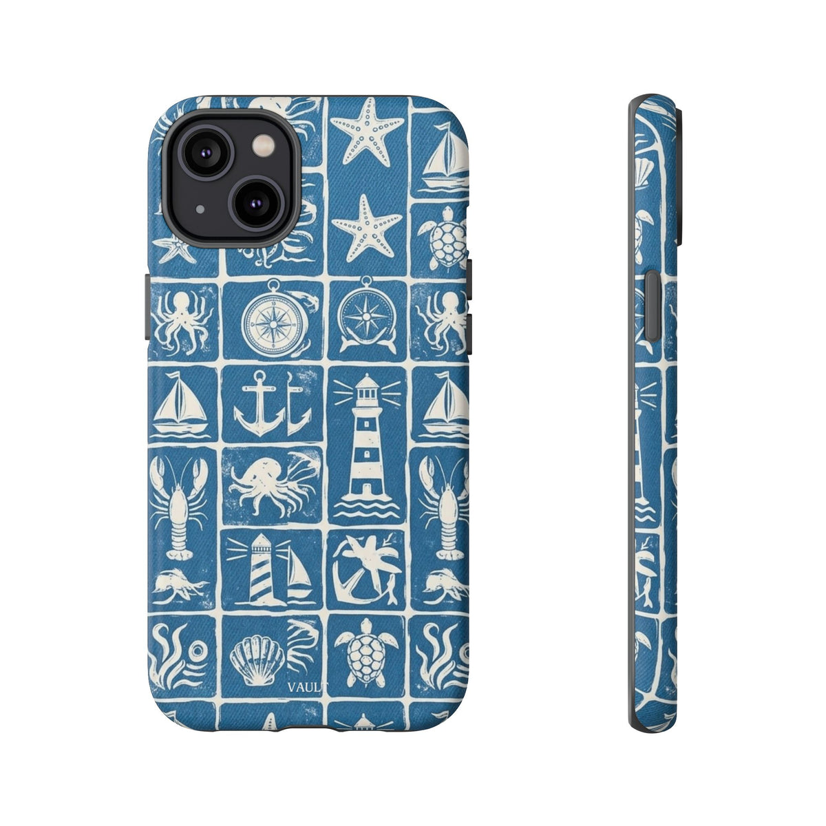 Nautical Tile Phone Case — Blue Coastal Icons (lighthouse, anchor, seashells)