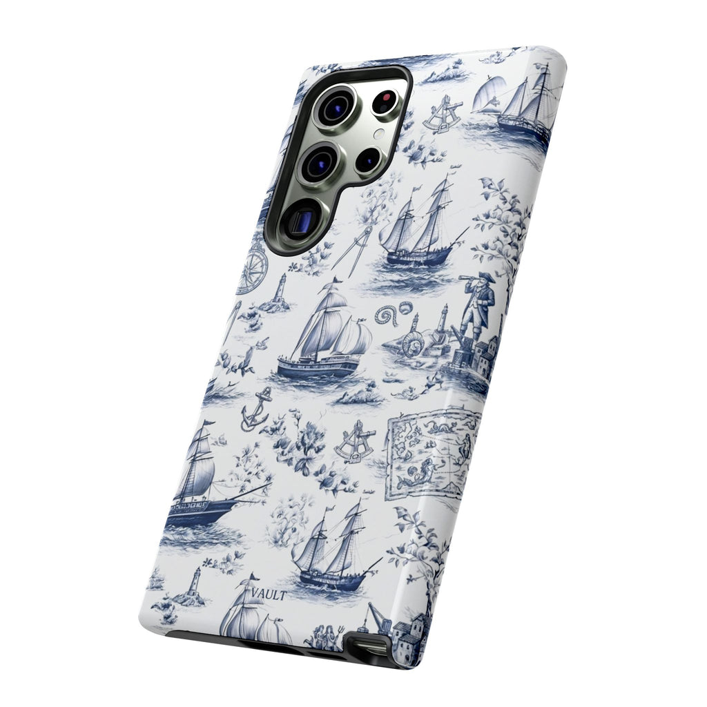 Nautical Vintage Ship Tough Phone Case — Blue Toile Sailboat Pattern