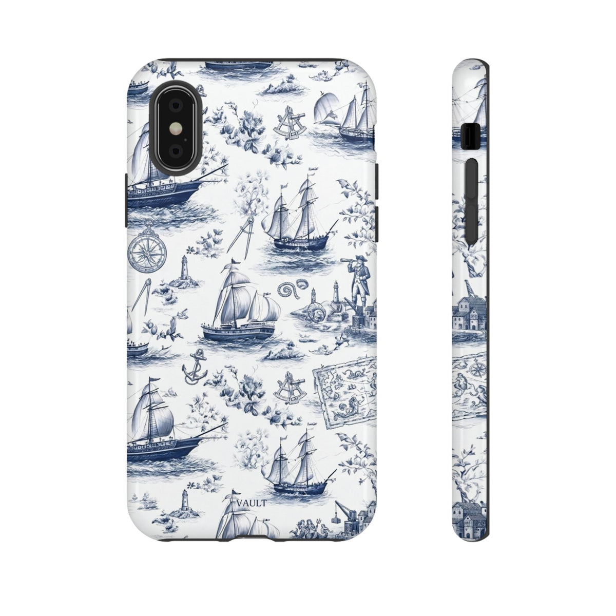 Nautical Vintage Ship Tough Phone Case — Blue Toile Sailboat Pattern