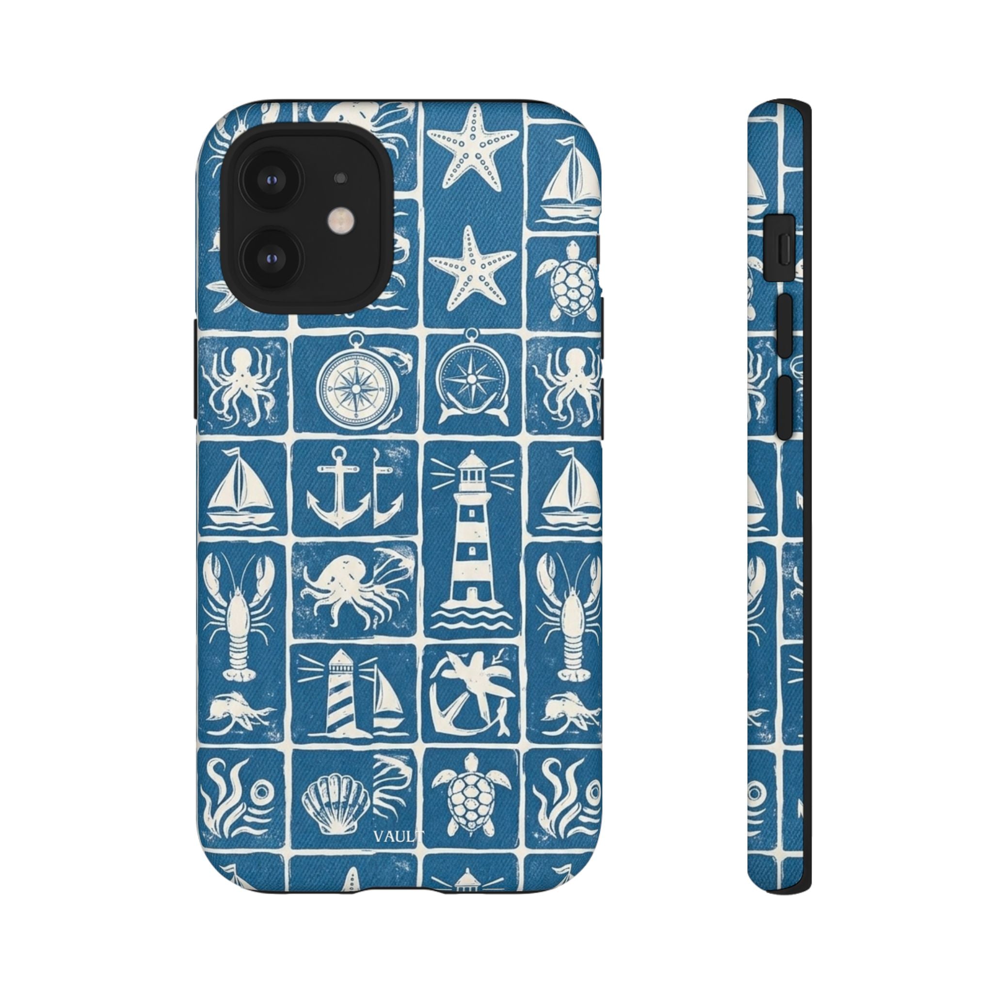 Nautical Tile Phone Case — Blue Coastal Icons (lighthouse, anchor, seashells)