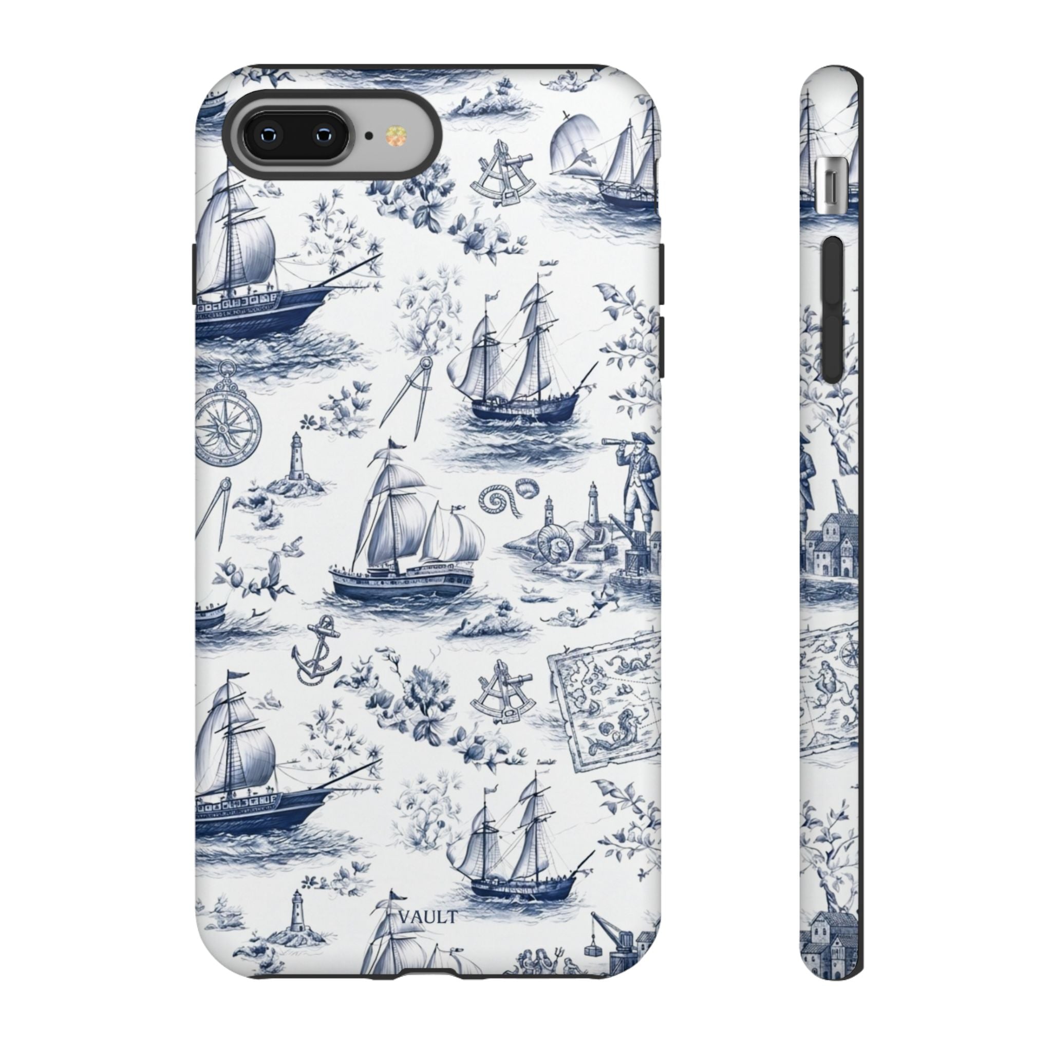 Nautical Vintage Ship Tough Phone Case — Blue Toile Sailboat Pattern
