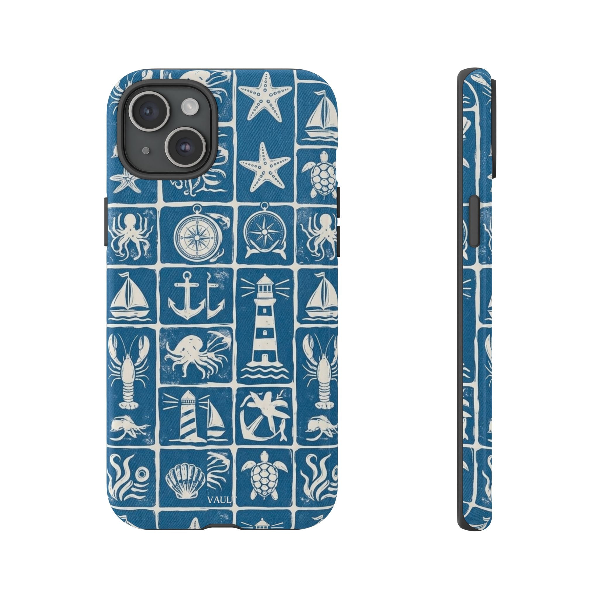 Nautical Tile Phone Case — Blue Coastal Icons (lighthouse, anchor, seashells)