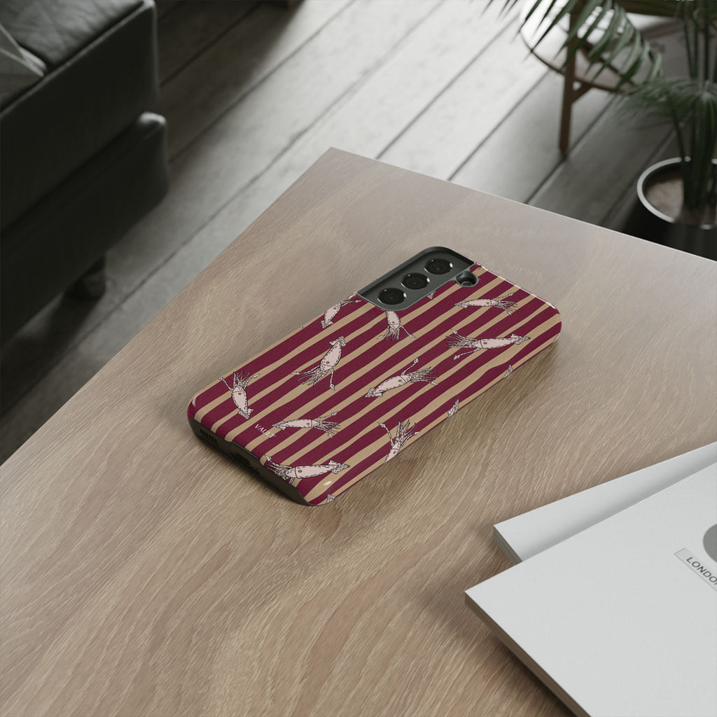 Phone Case - Vintage Shrimp Pattern on Burgundy Stripes