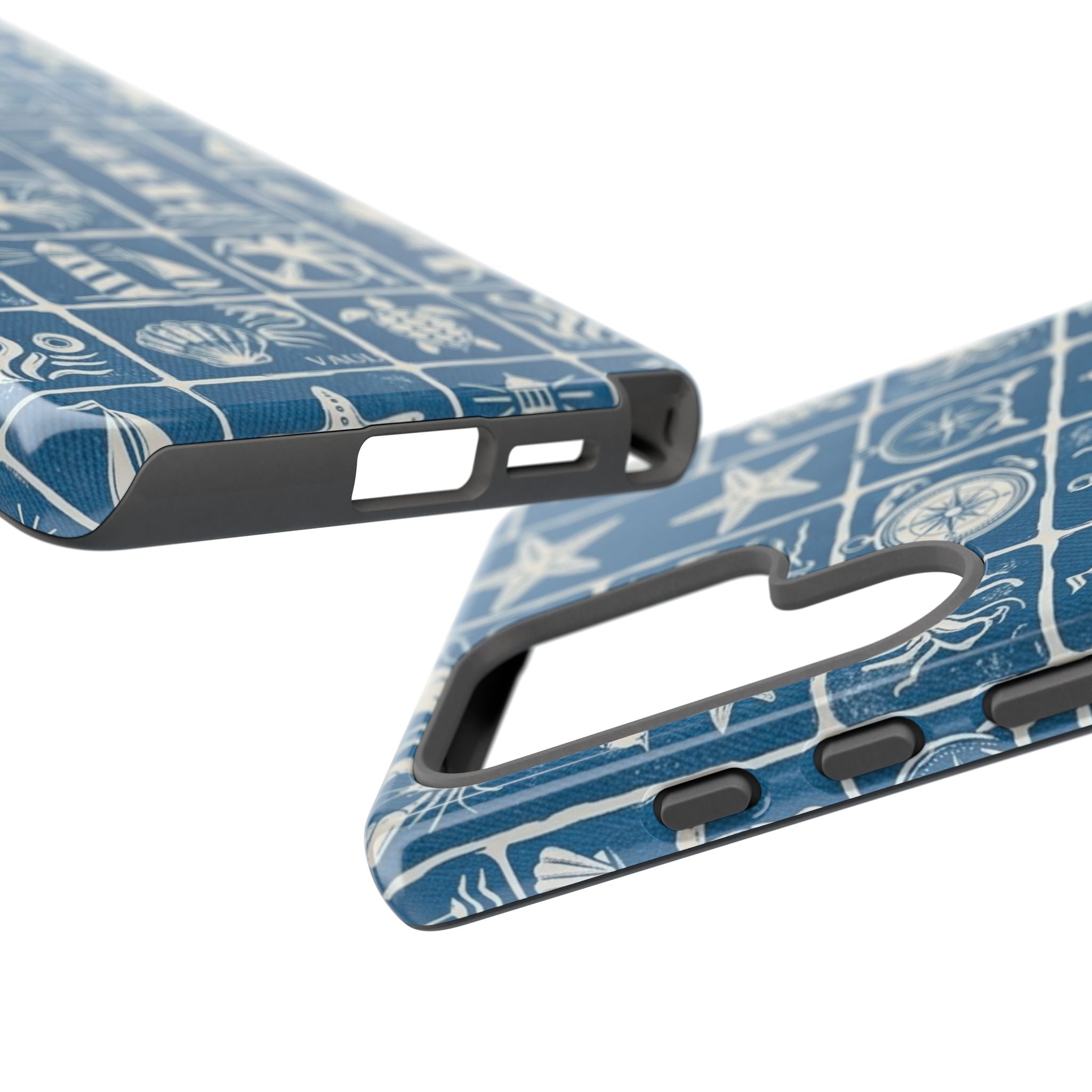 Nautical Tile Phone Case — Blue Coastal Icons (lighthouse, anchor, seashells)