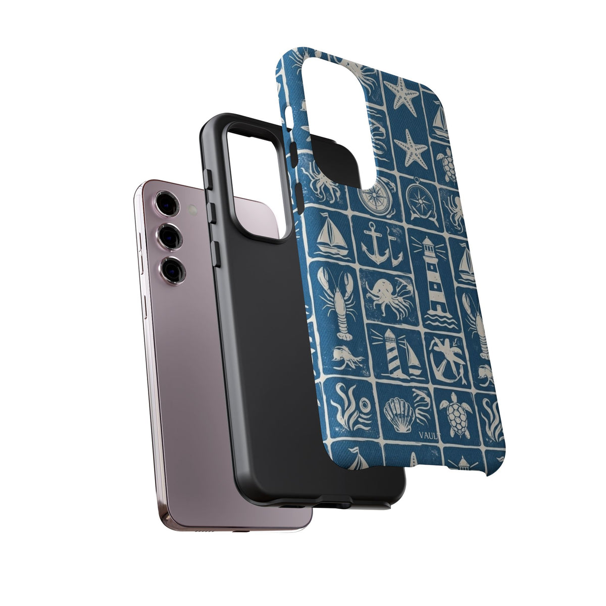 Nautical Tile Phone Case — Blue Coastal Icons (lighthouse, anchor, seashells)