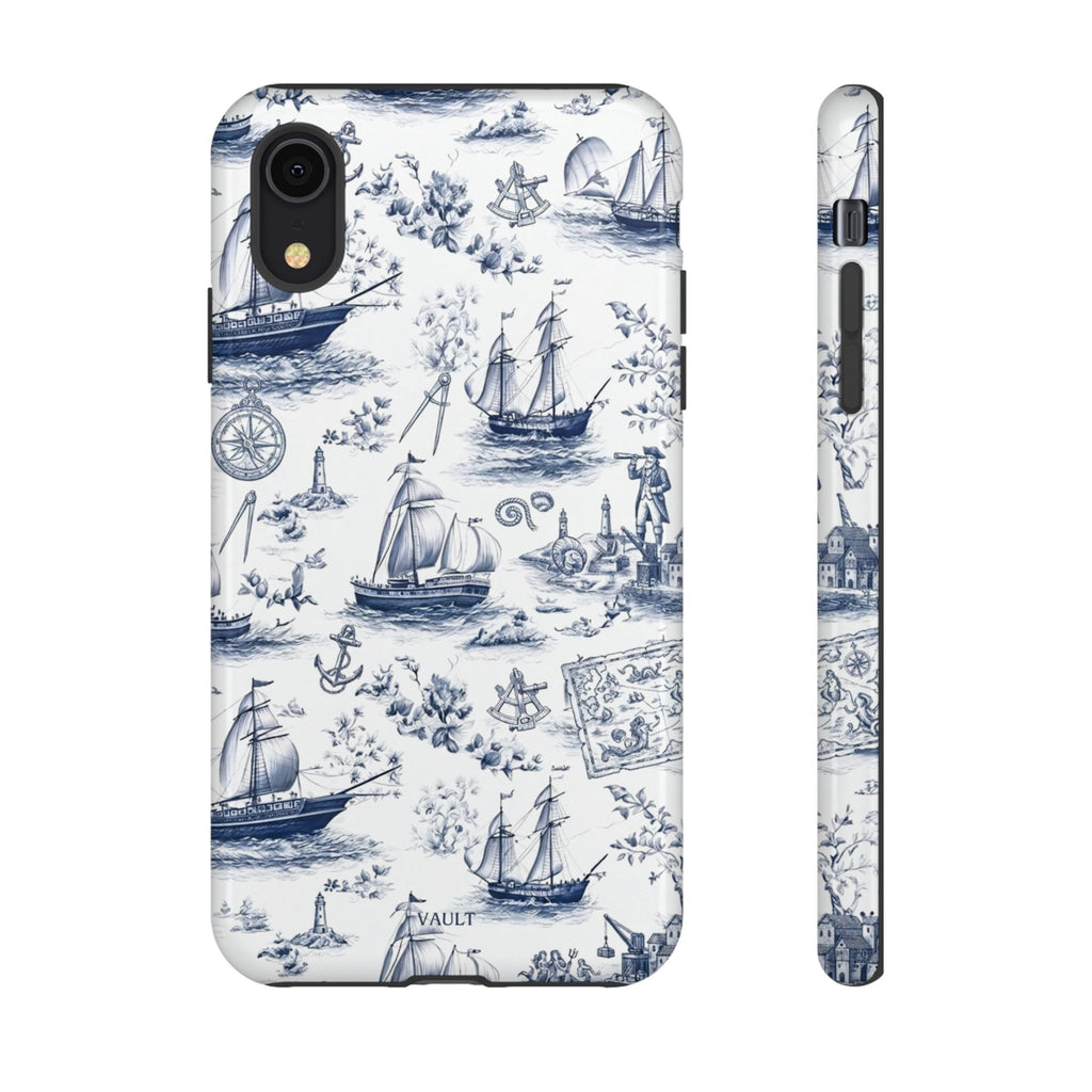 Nautical Vintage Ship Tough Phone Case — Blue Toile Sailboat Pattern