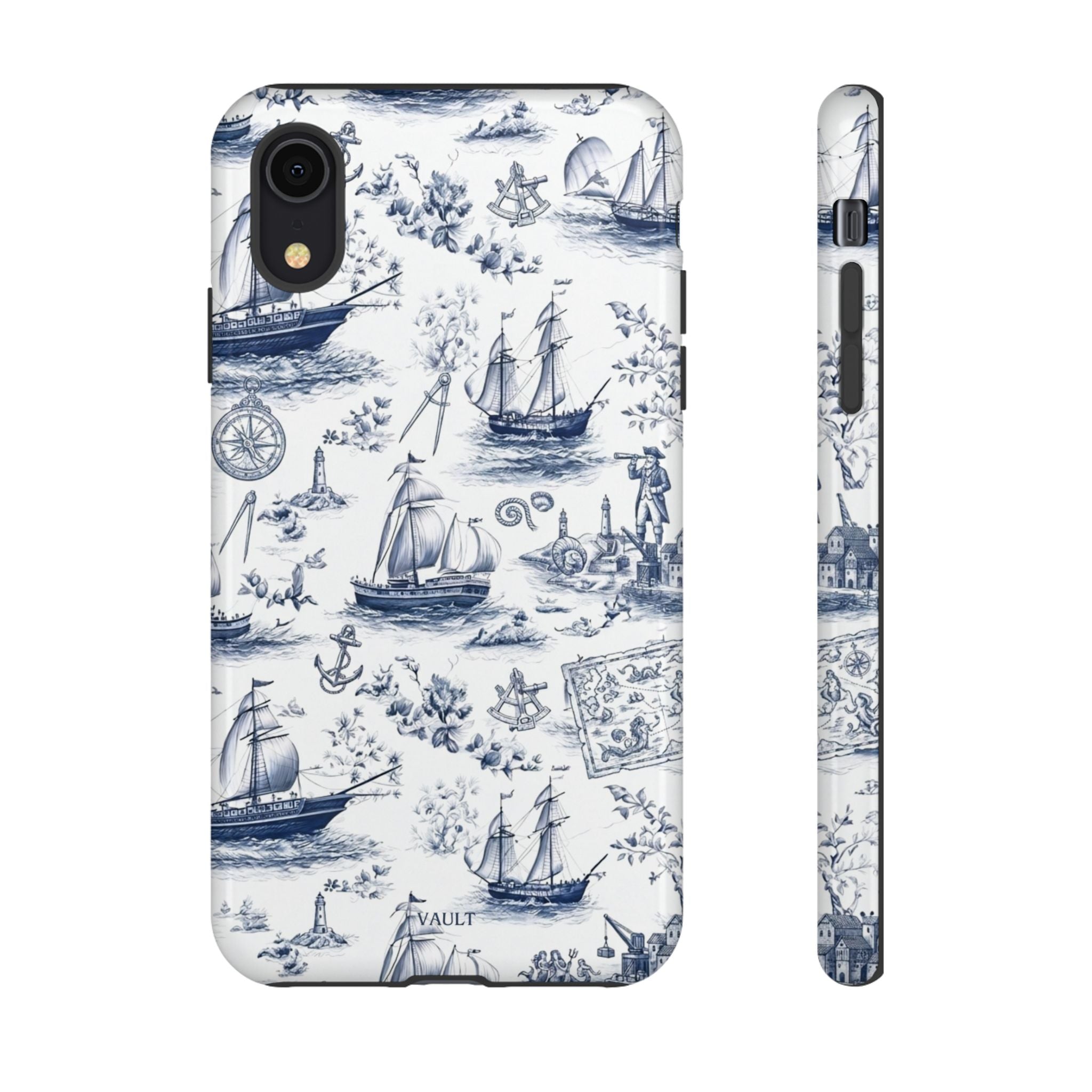 Nautical Vintage Ship Tough Phone Case — Blue Toile Sailboat Pattern
