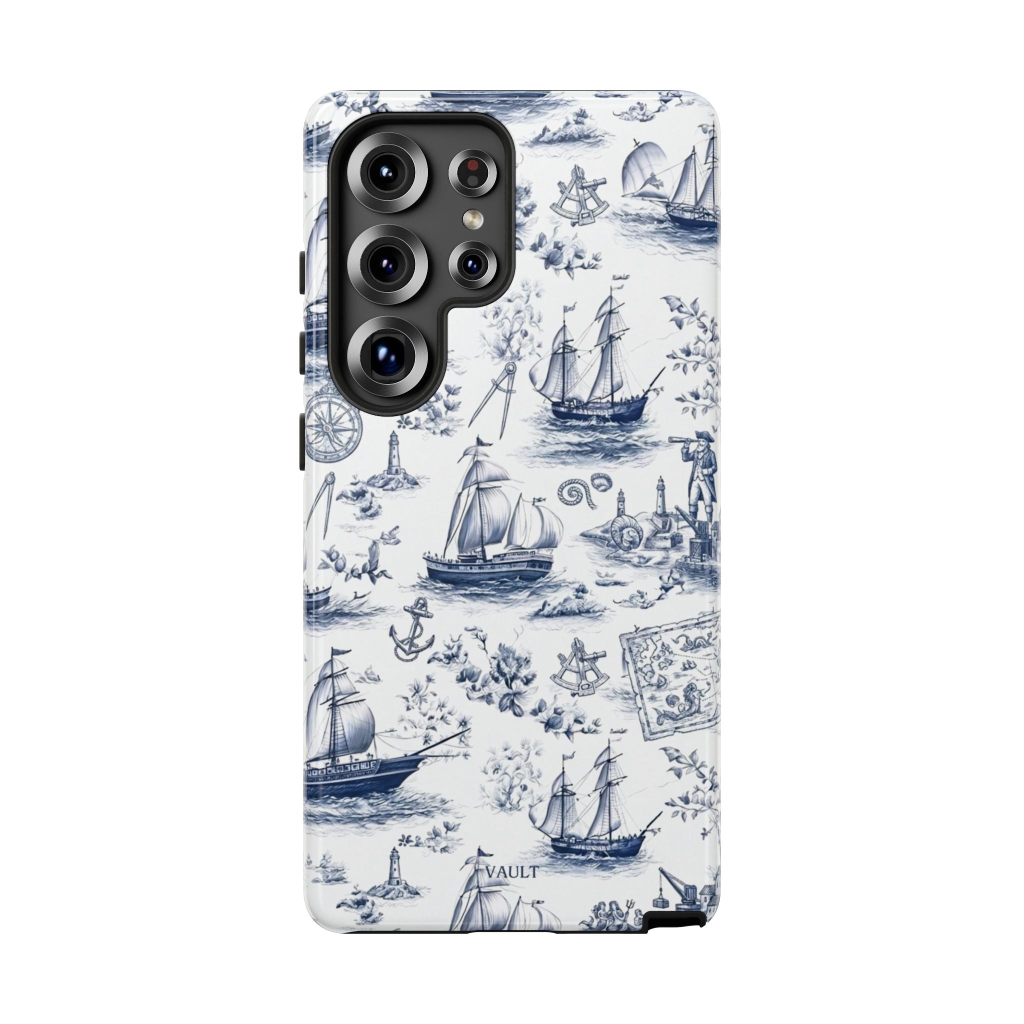 Nautical Vintage Ship Tough Phone Case — Blue Toile Sailboat Pattern