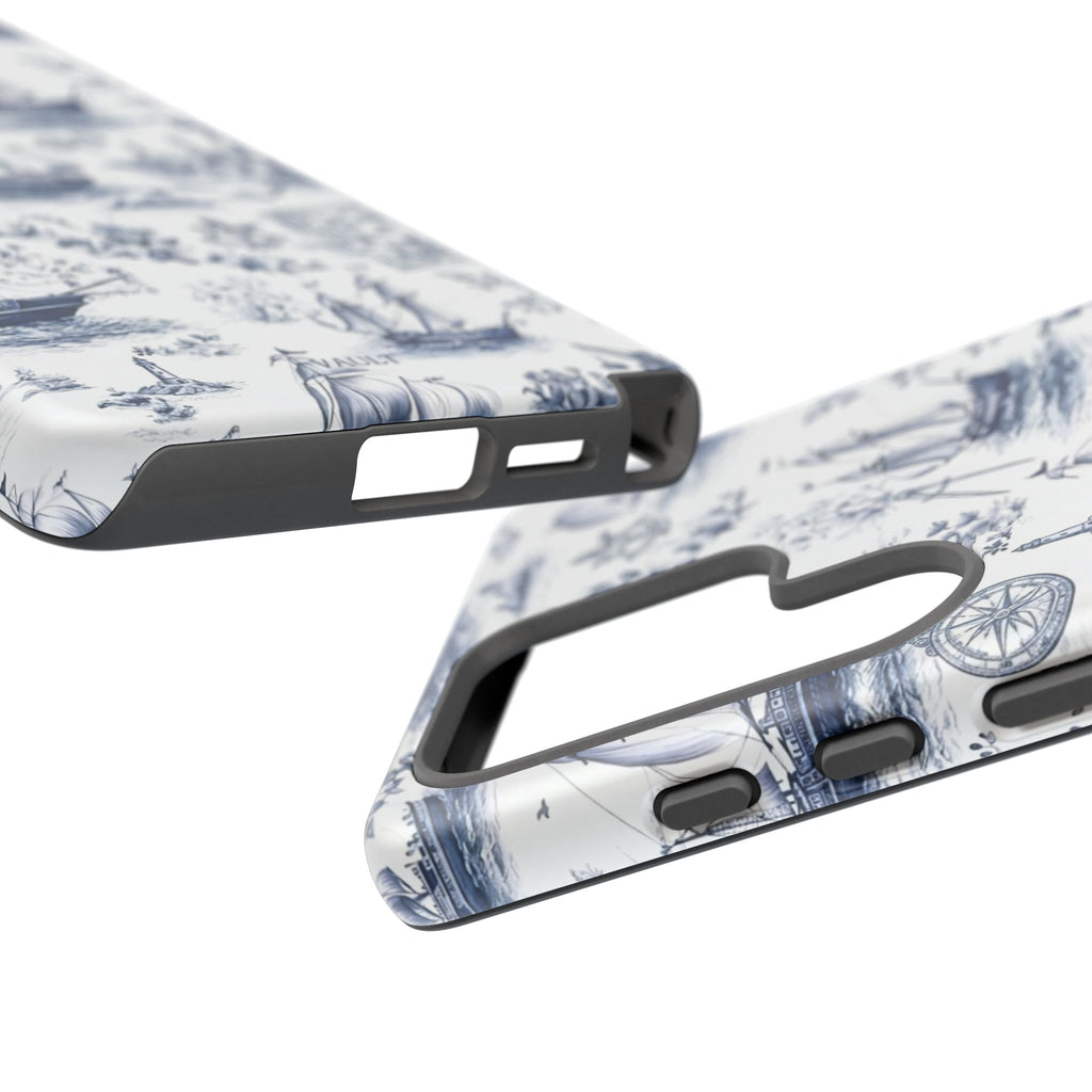 Nautical Vintage Ship Tough Phone Case — Blue Toile Sailboat Pattern