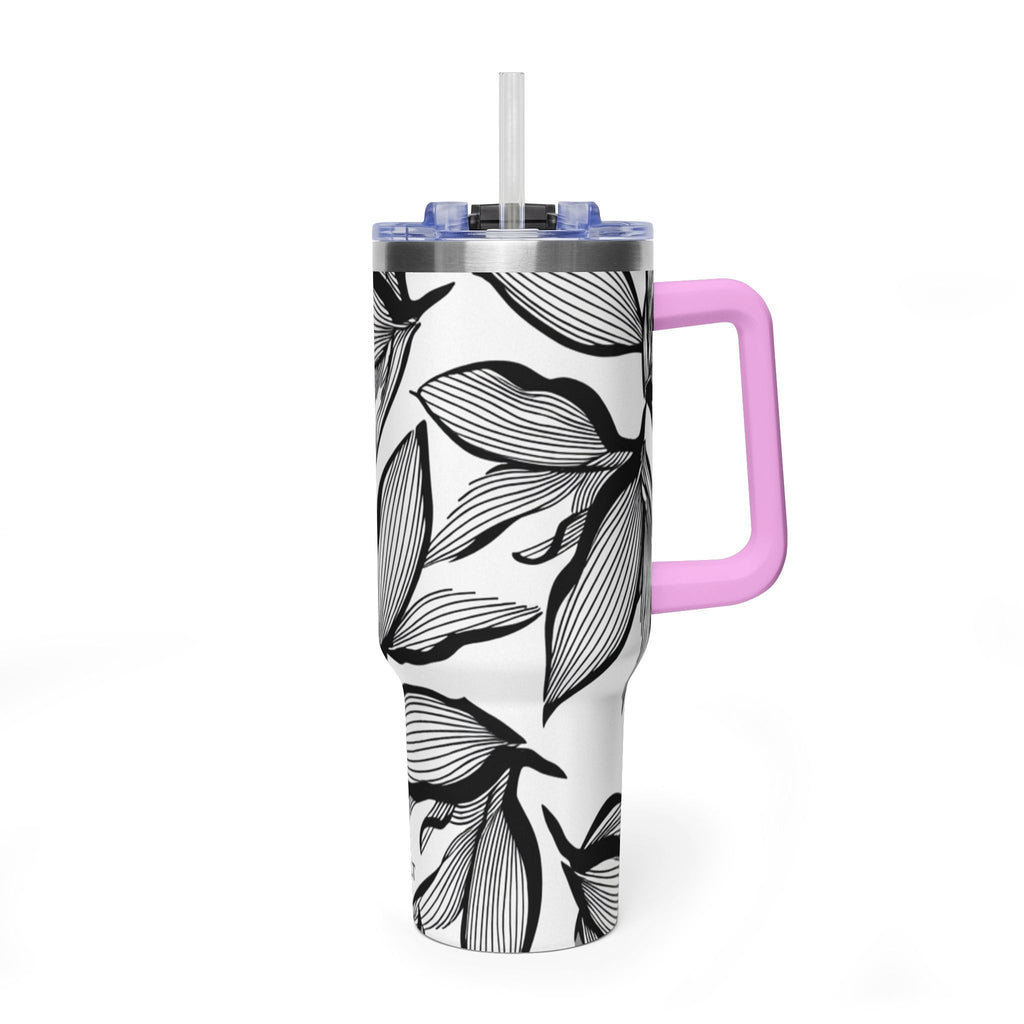 40oz Floral Thermal Tumbler – Black & White Leaf Pattern Vacuum Insulated