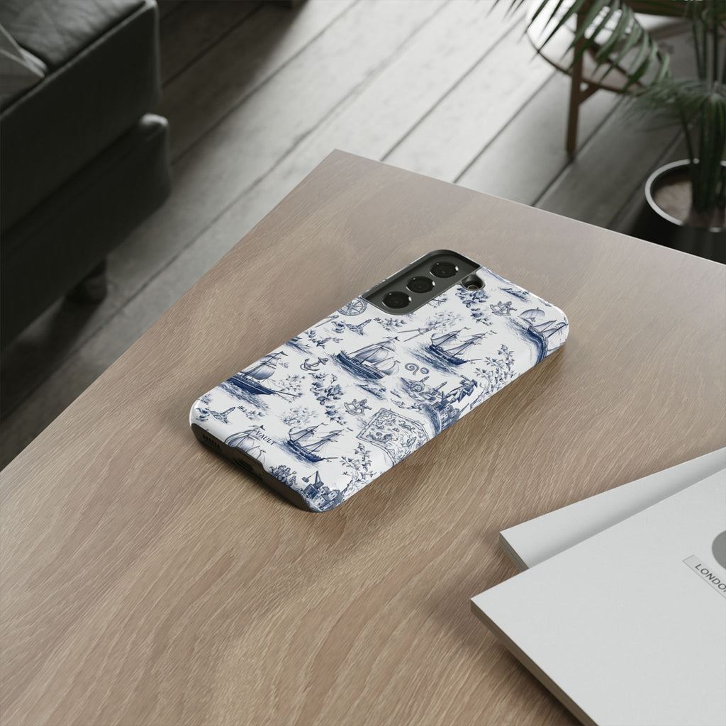 Nautical Vintage Ship Tough Phone Case — Blue Toile Sailboat Pattern