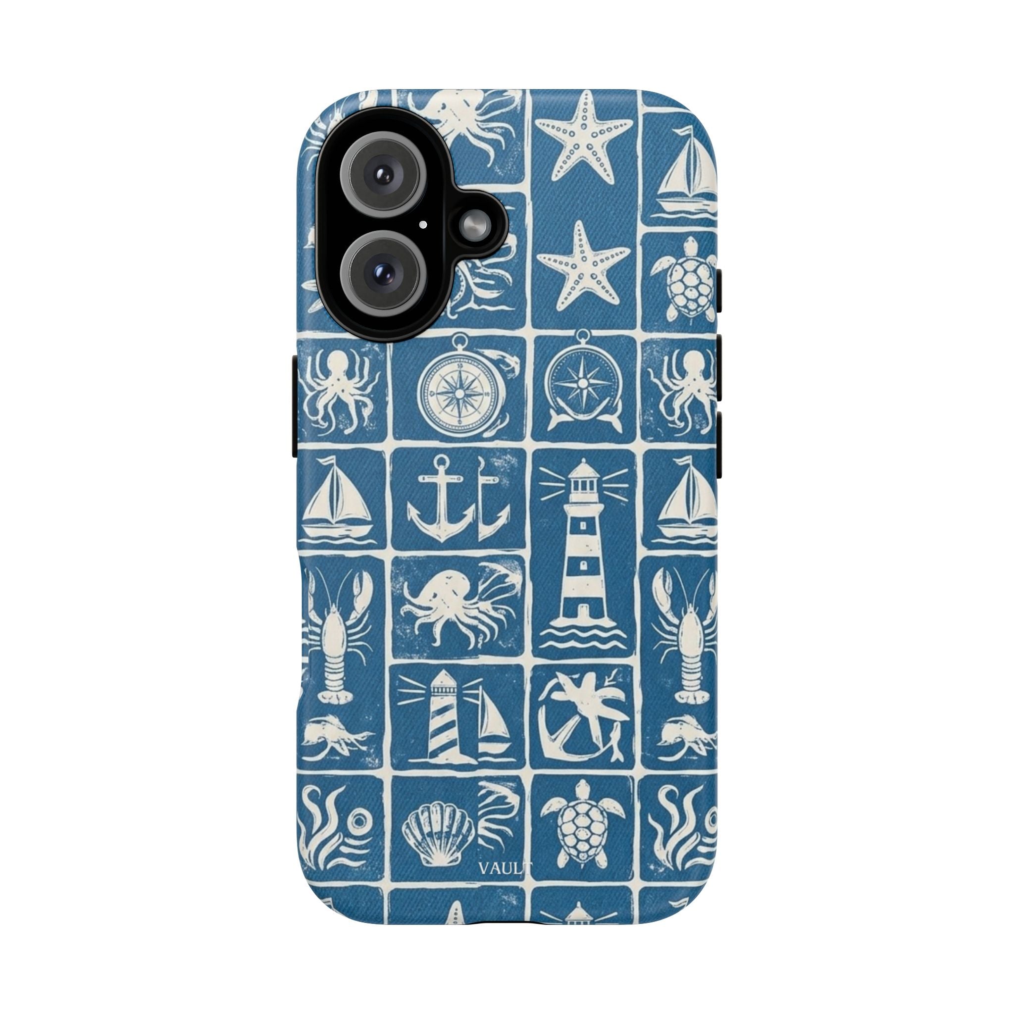 Nautical Tile Phone Case — Blue Coastal Icons (lighthouse, anchor, seashells)