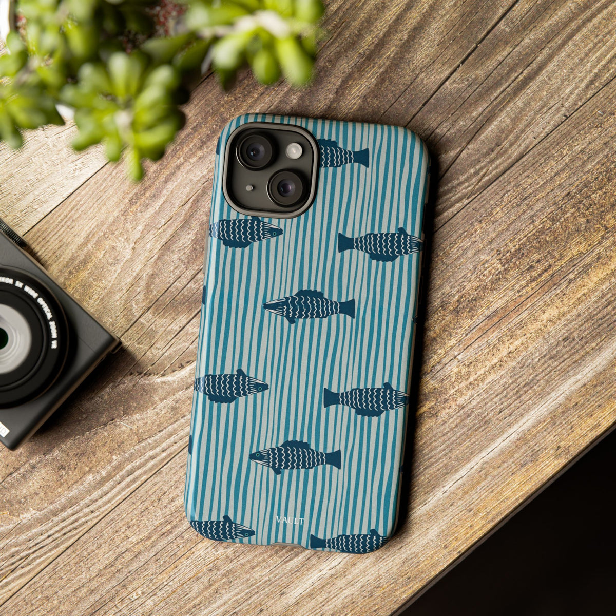 Fish Pattern Tough Phone Case — Blue Striped Ocean Design