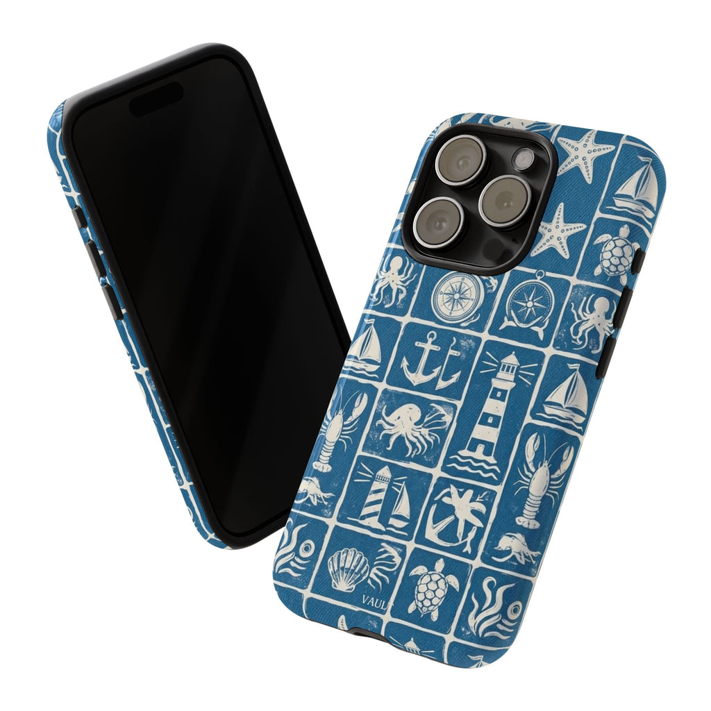 Nautical Tile Phone Case — Blue Coastal Icons (lighthouse, anchor, seashells)