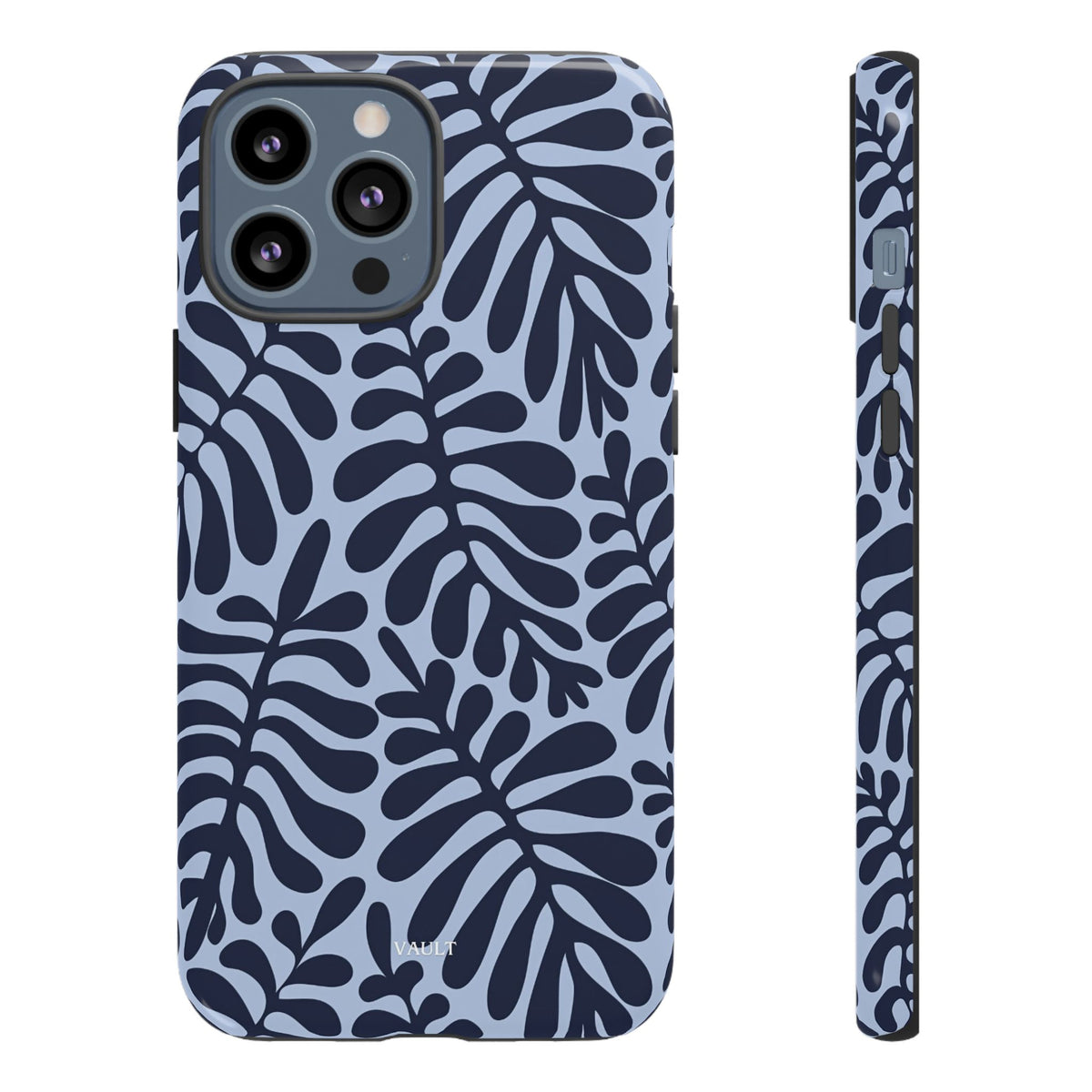 Floral Fern Tough Phone Case – Navy Blue on Light Blue, Protective Slim Cover