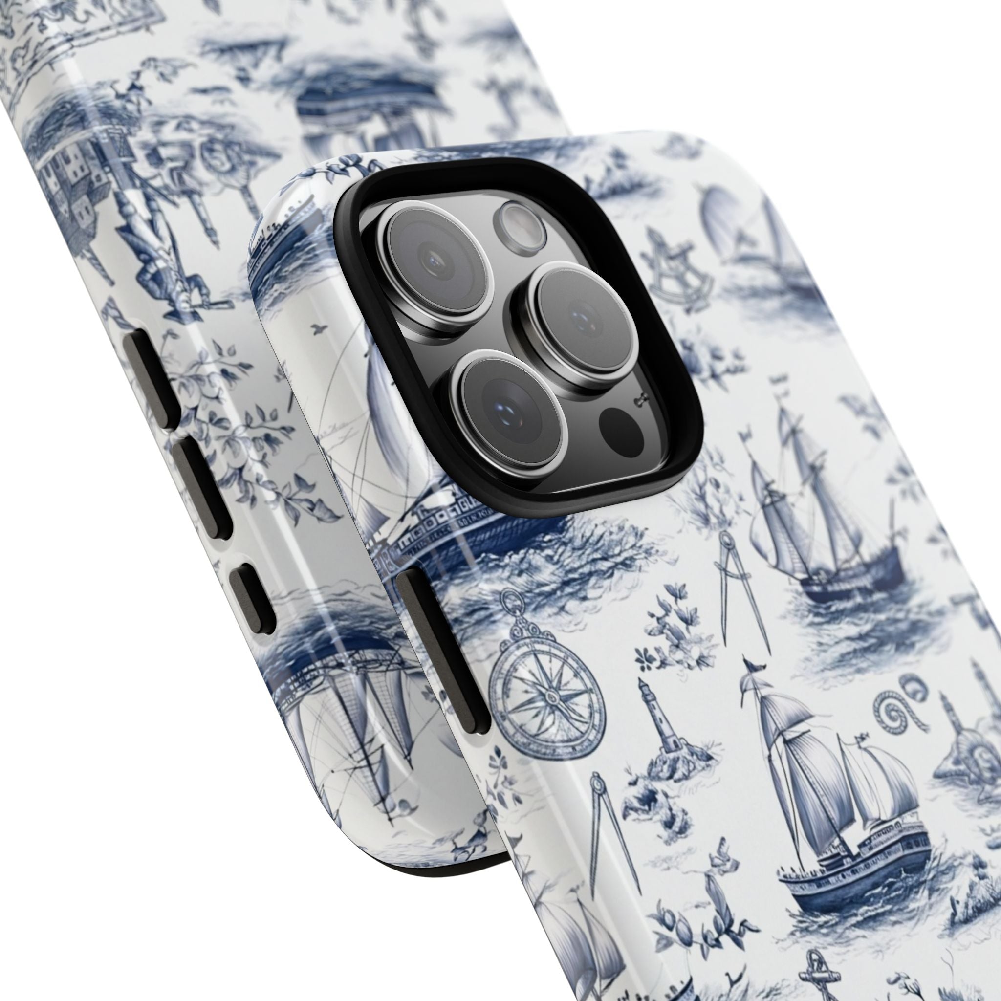Nautical Vintage Ship Tough Phone Case — Blue Toile Sailboat Pattern