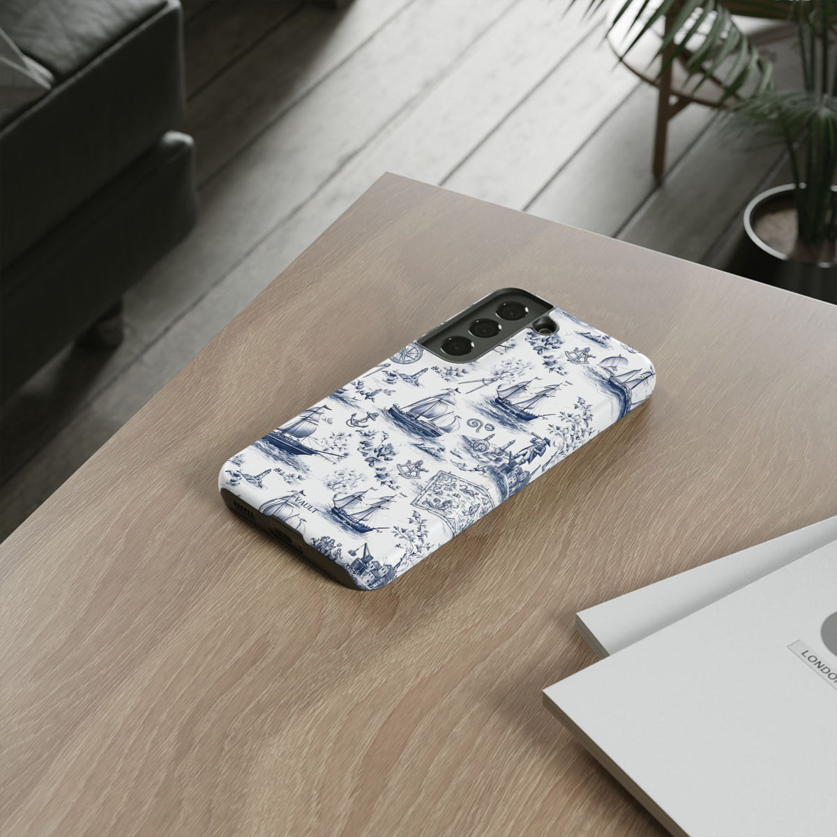 Nautical Vintage Ship Tough Phone Case — Blue Toile Sailboat Pattern