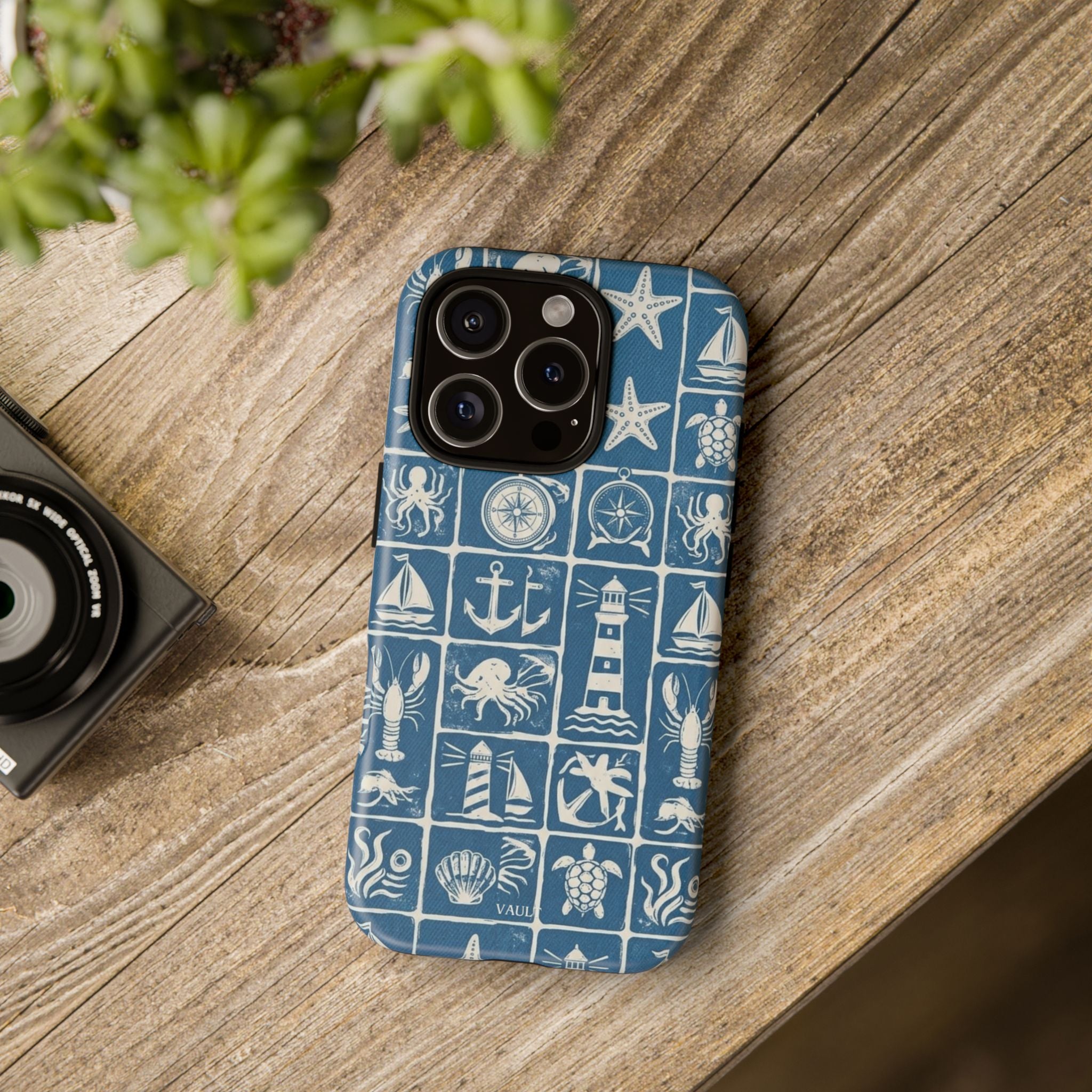 Nautical Tile Phone Case — Blue Coastal Icons (lighthouse, anchor, seashells)