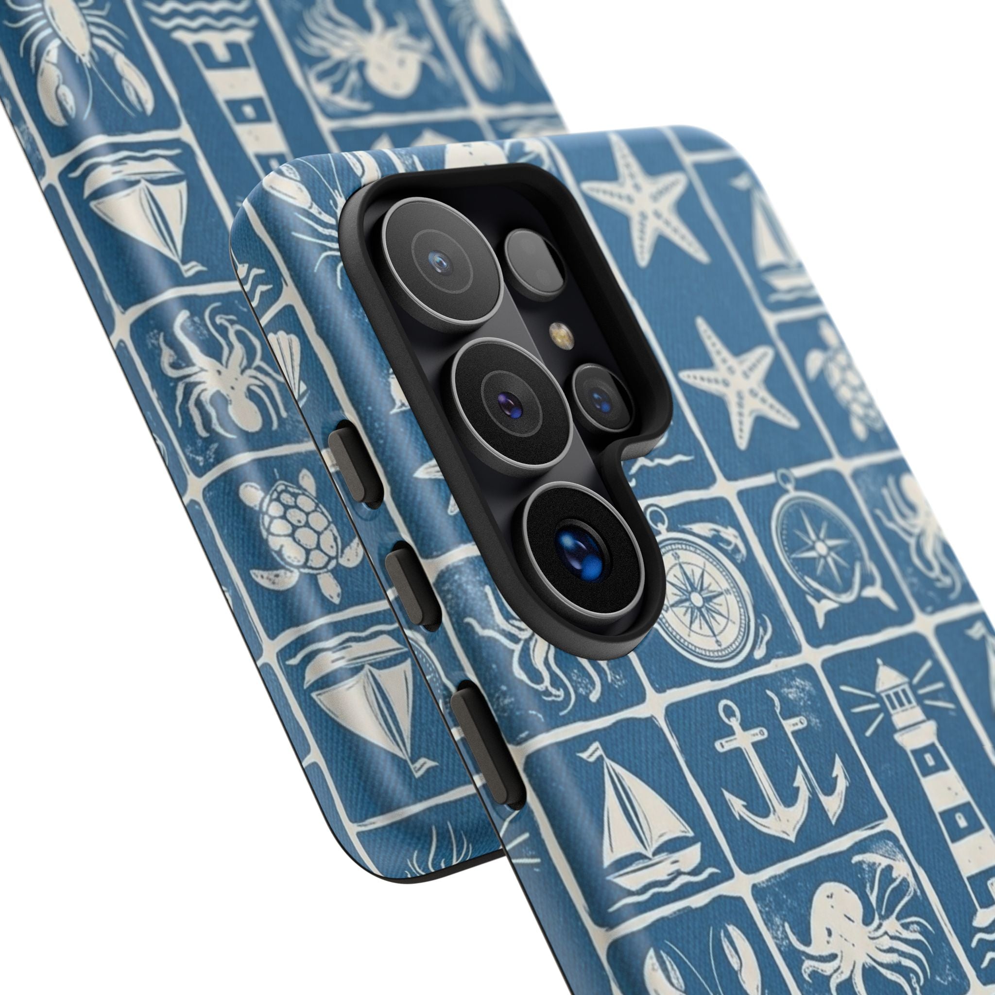 Nautical Tile Phone Case — Blue Coastal Icons (lighthouse, anchor, seashells)