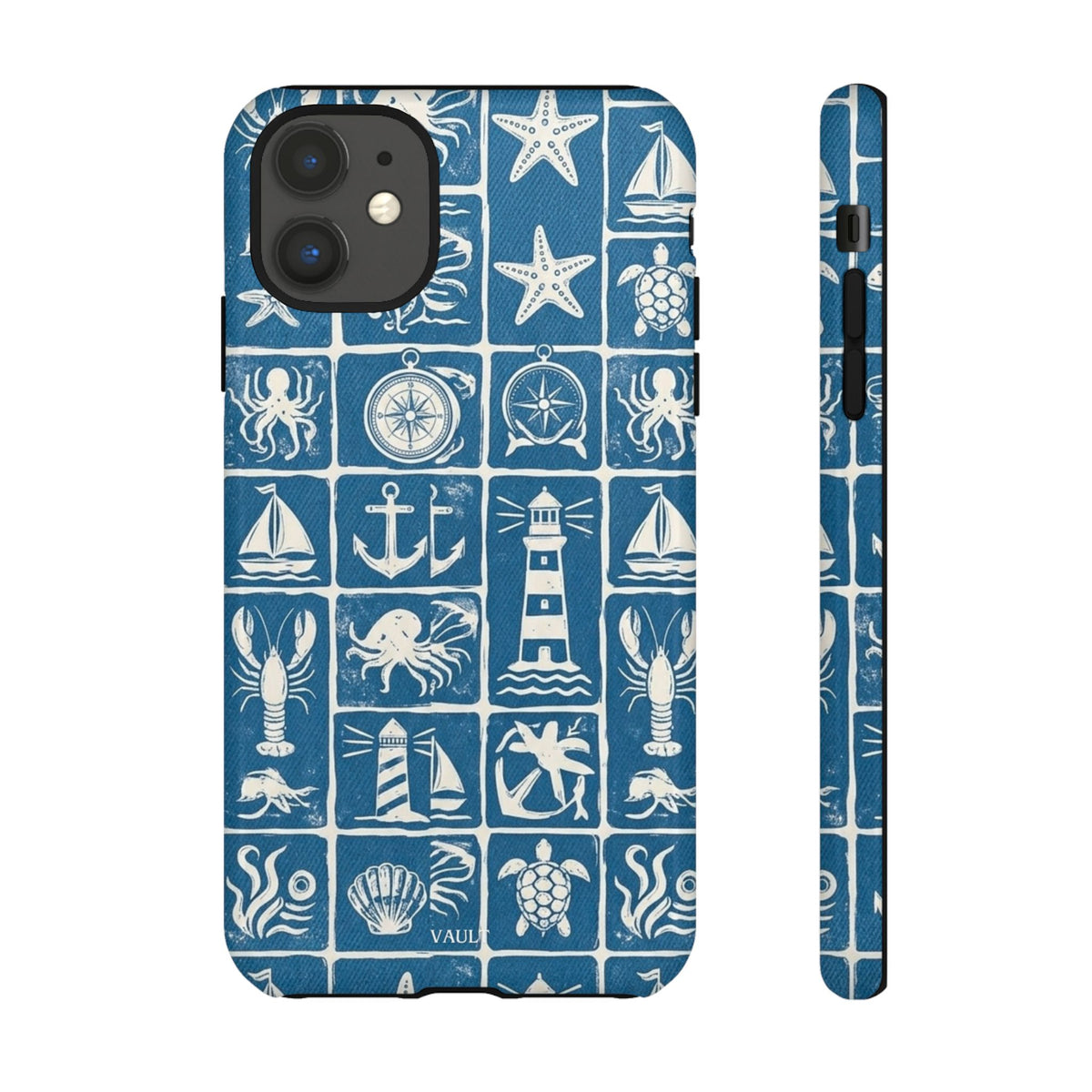 Nautical Tile Phone Case — Blue Coastal Icons (lighthouse, anchor, seashells)