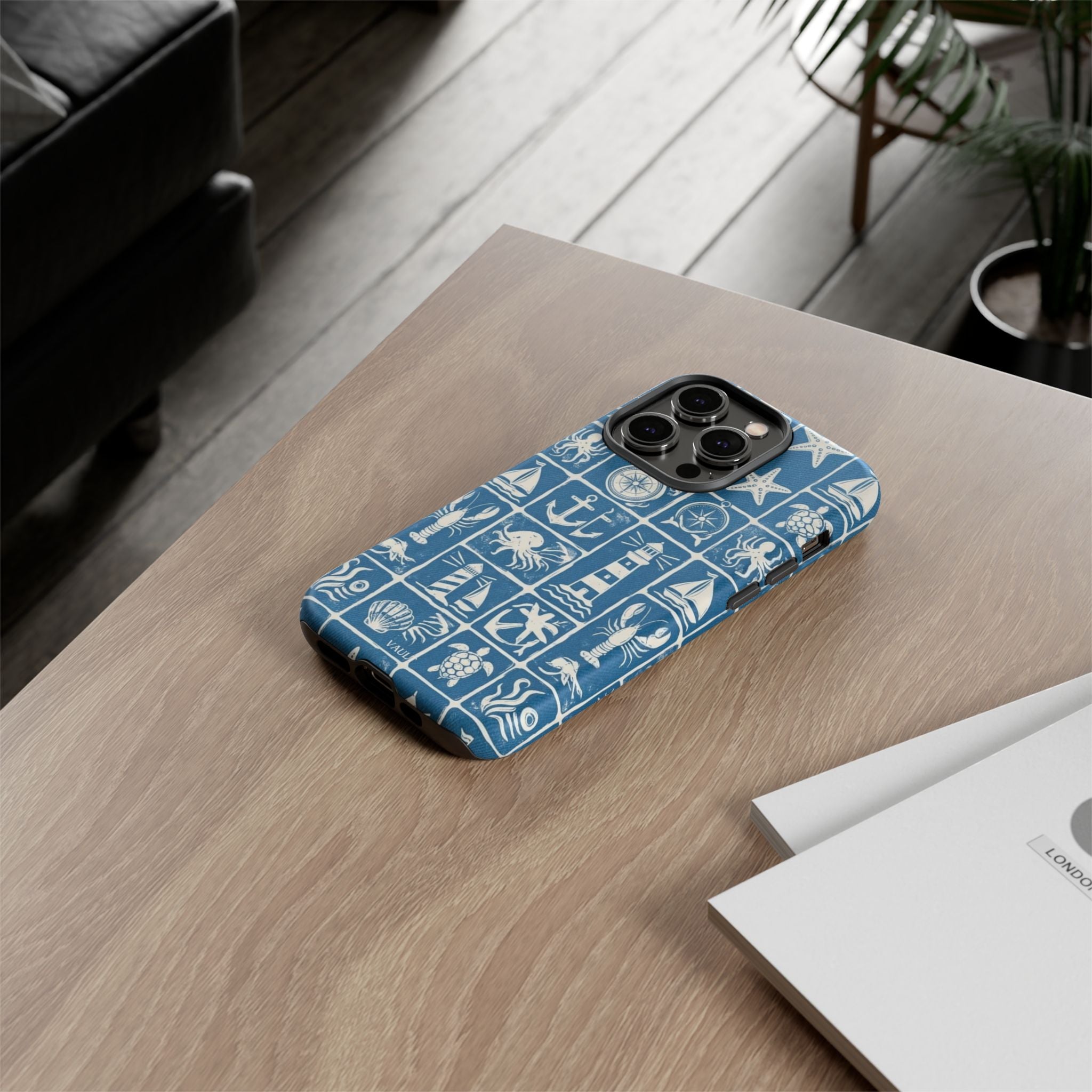 Nautical Tile Phone Case — Blue Coastal Icons (lighthouse, anchor, seashells)