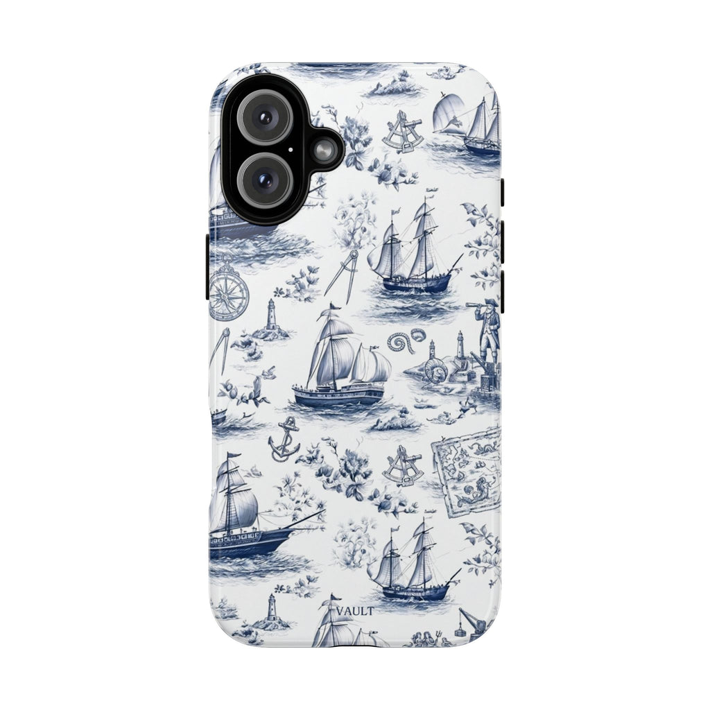 Nautical Vintage Ship Tough Phone Case — Blue Toile Sailboat Pattern