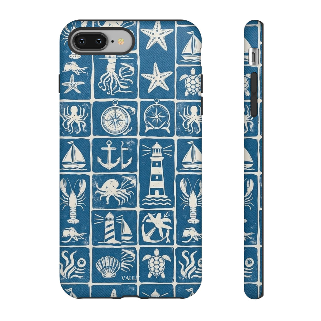Nautical Tile Phone Case — Blue Coastal Icons (lighthouse, anchor, seashells)