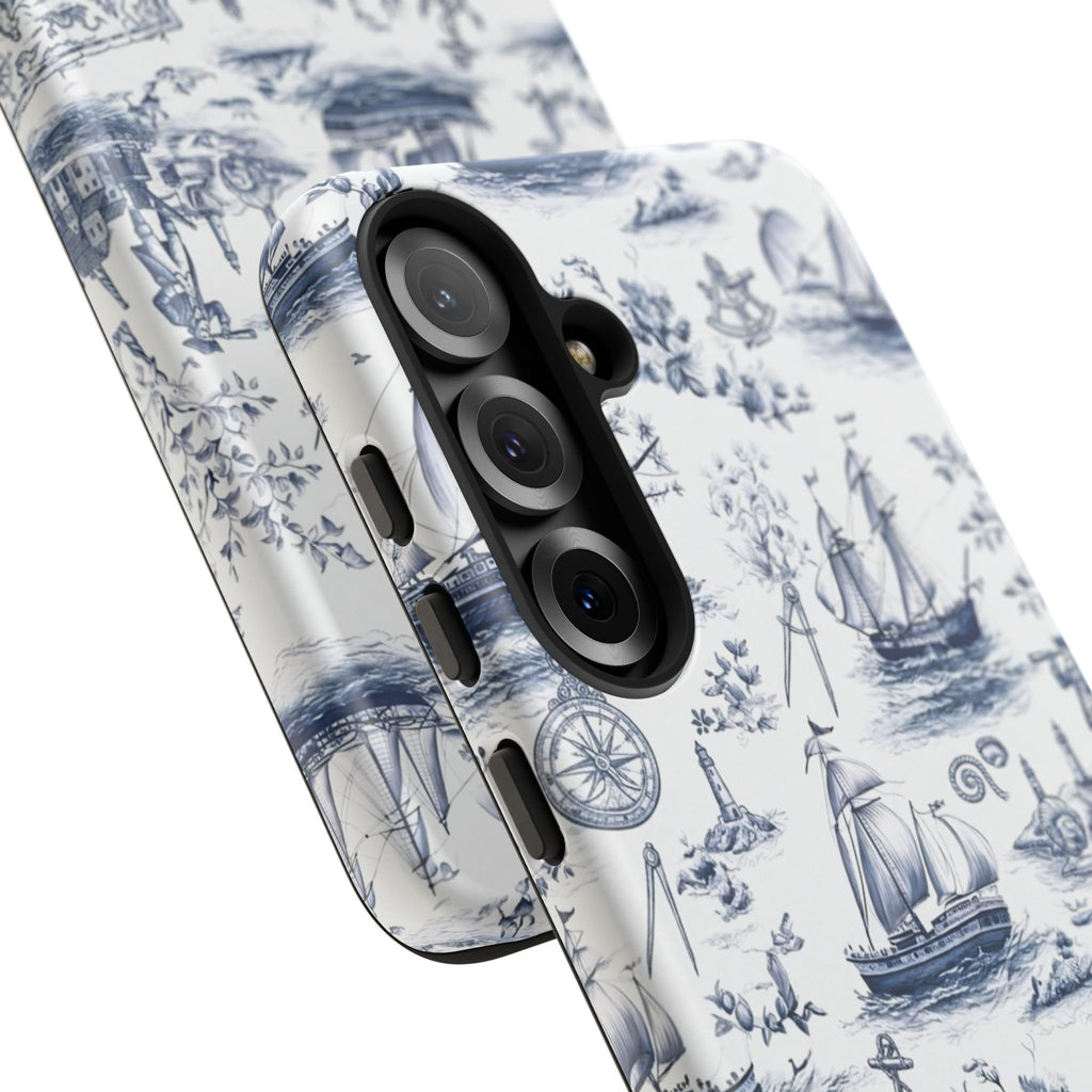 Nautical Vintage Ship Tough Phone Case — Blue Toile Sailboat Pattern