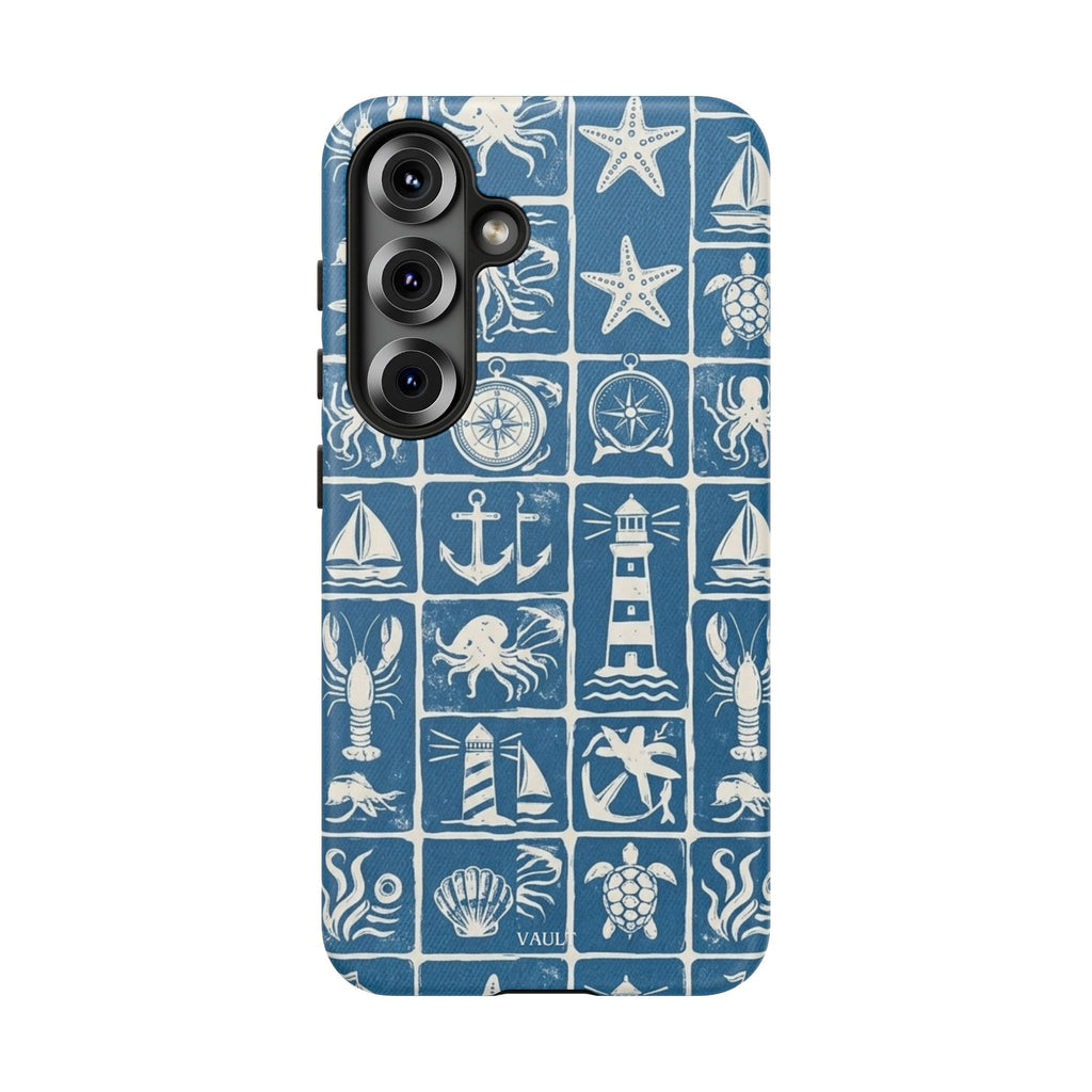 Nautical Tile Phone Case — Blue Coastal Icons (lighthouse, anchor, seashells)