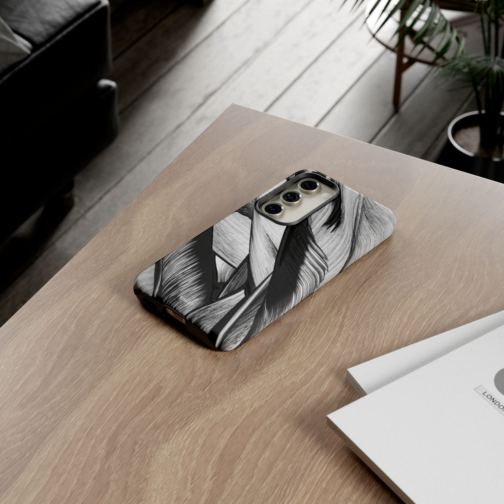 Monochrome Tropical Leaf Tough Phone Case — Black & White Botanical Protective Cover