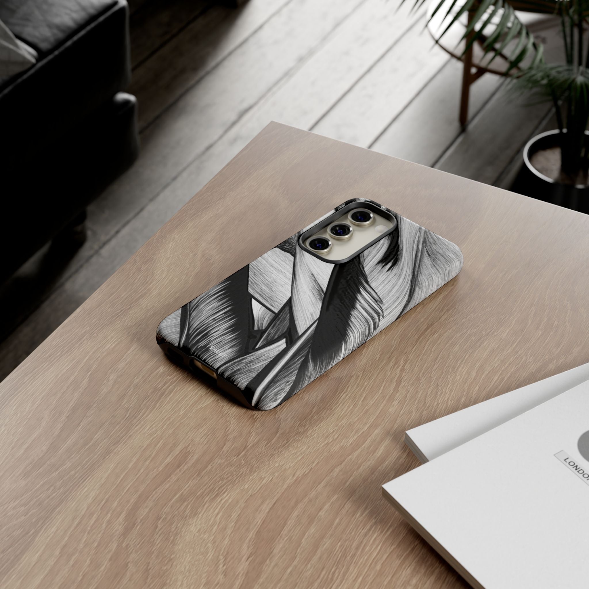 Monochrome Tropical Leaf Tough Phone Case — Black & White Botanical Protective Cover