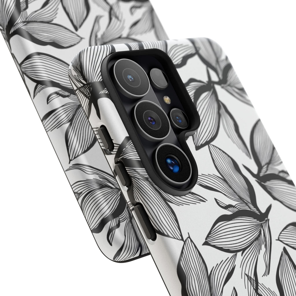Floral Leaves Tough Phone Case – Black & White Botanical Protection