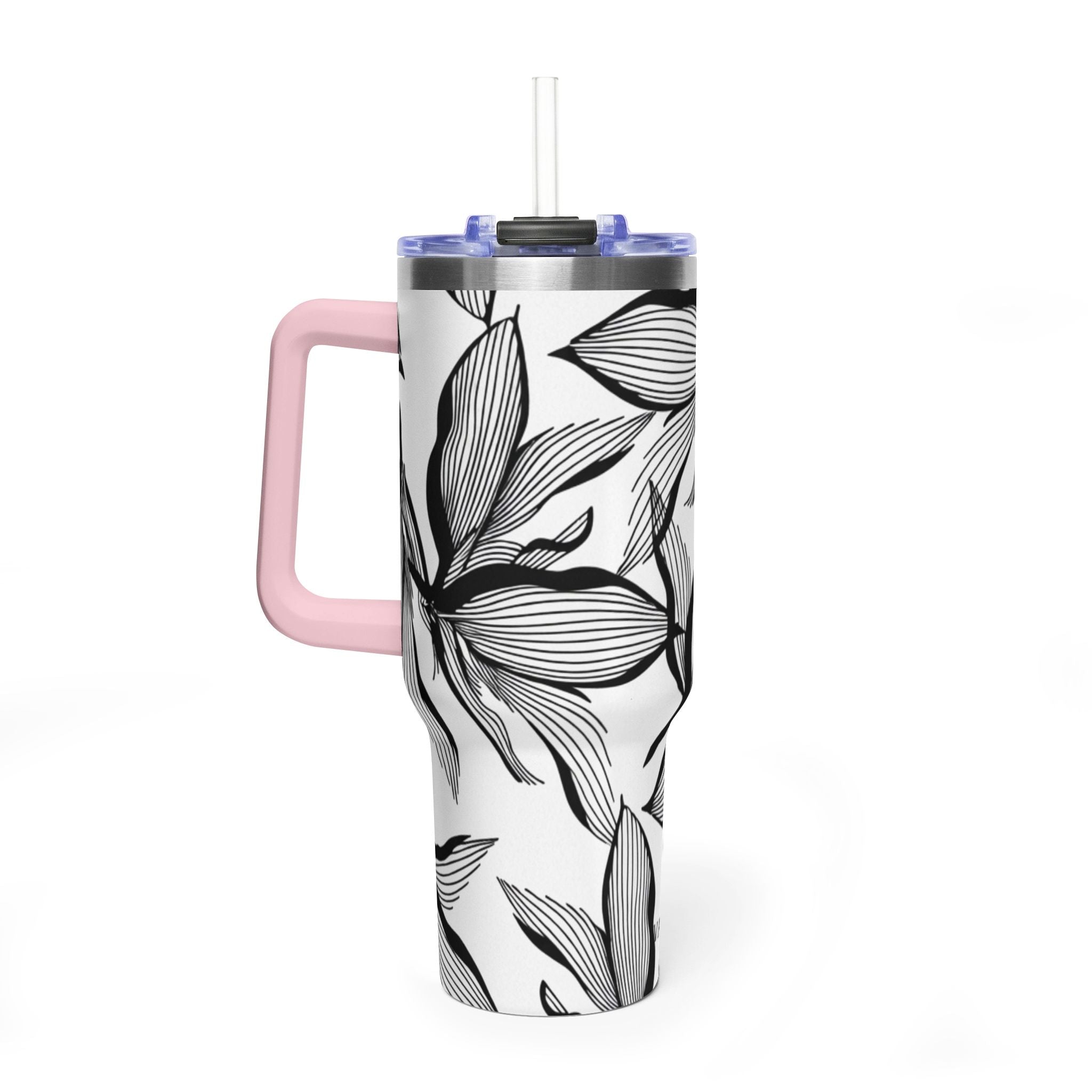 40oz Floral Thermal Tumbler – Black & White Leaf Pattern Vacuum Insulated