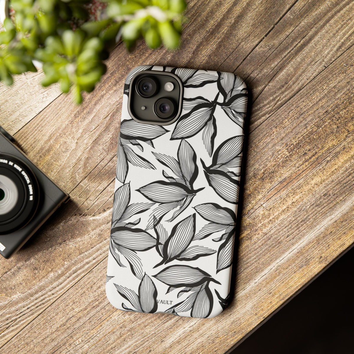 Floral Leaves Tough Phone Case – Black & White Botanical Protection