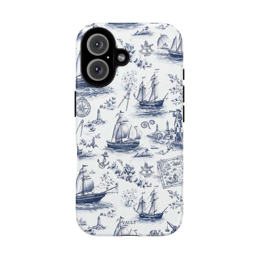 Nautical Vintage Ship Tough Phone Case — Blue Toile Sailboat Pattern