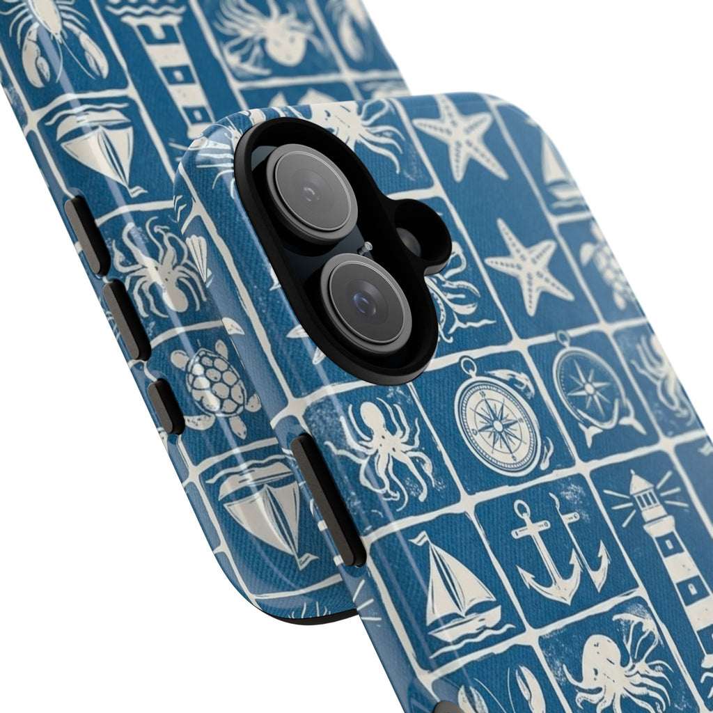 Nautical Tile Phone Case — Blue Coastal Icons (lighthouse, anchor, seashells)