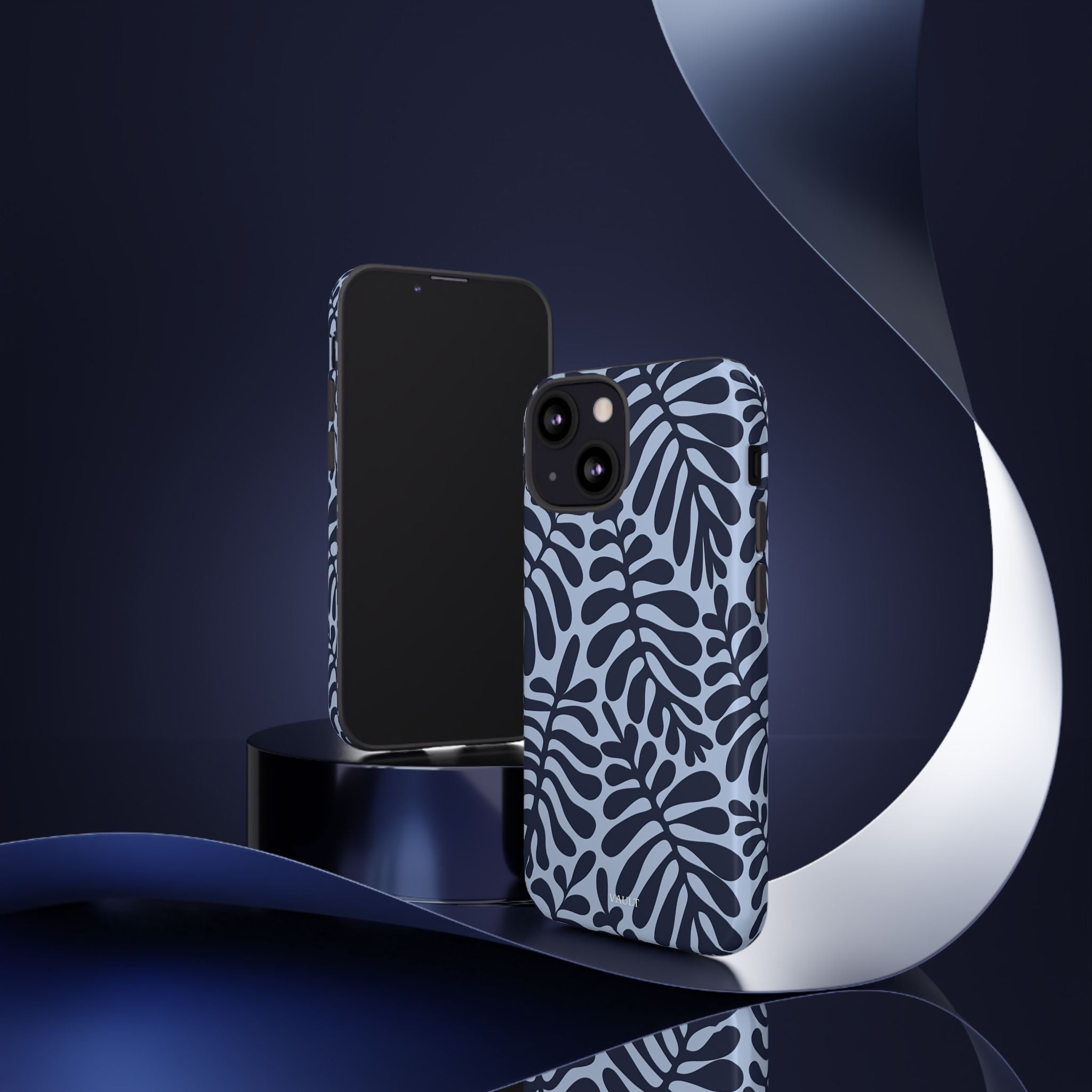 Floral Fern Tough Phone Case – Navy Blue on Light Blue, Protective Slim Cover