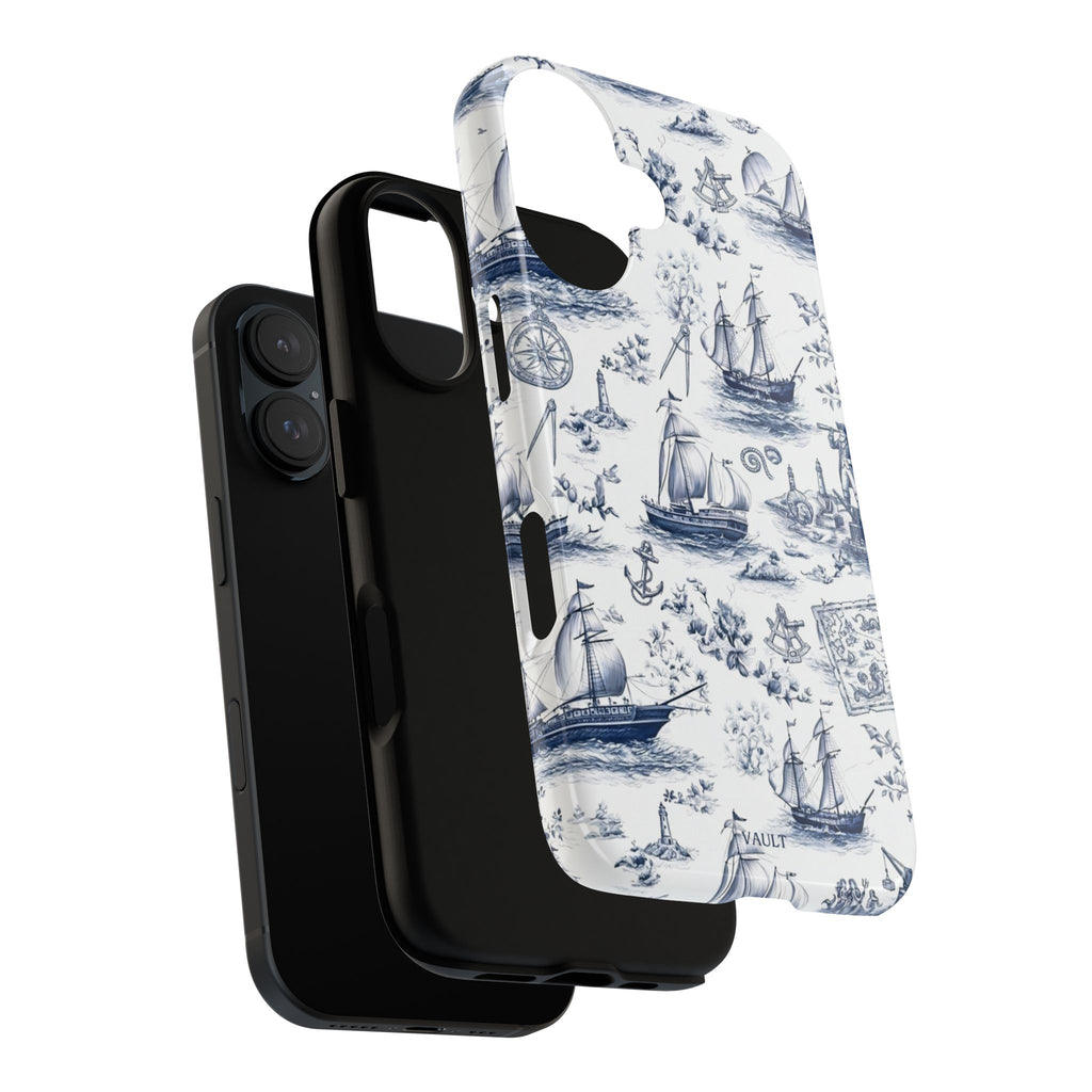 Nautical Vintage Ship Tough Phone Case — Blue Toile Sailboat Pattern