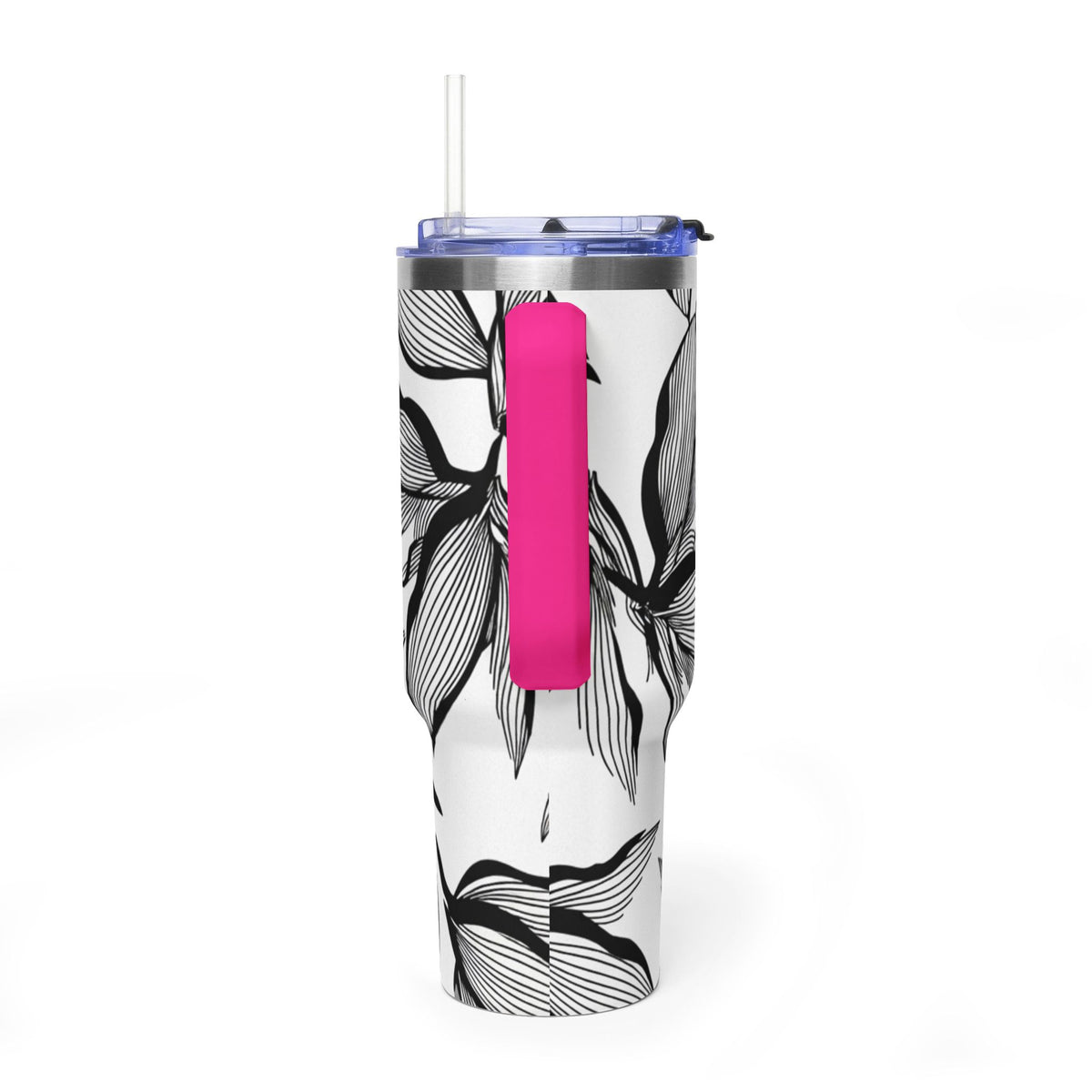 40oz Floral Thermal Tumbler – Black & White Leaf Pattern Vacuum Insulated