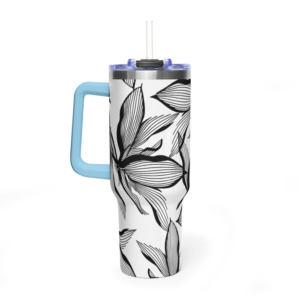 40oz Floral Thermal Tumbler – Black & White Leaf Pattern Vacuum Insulated