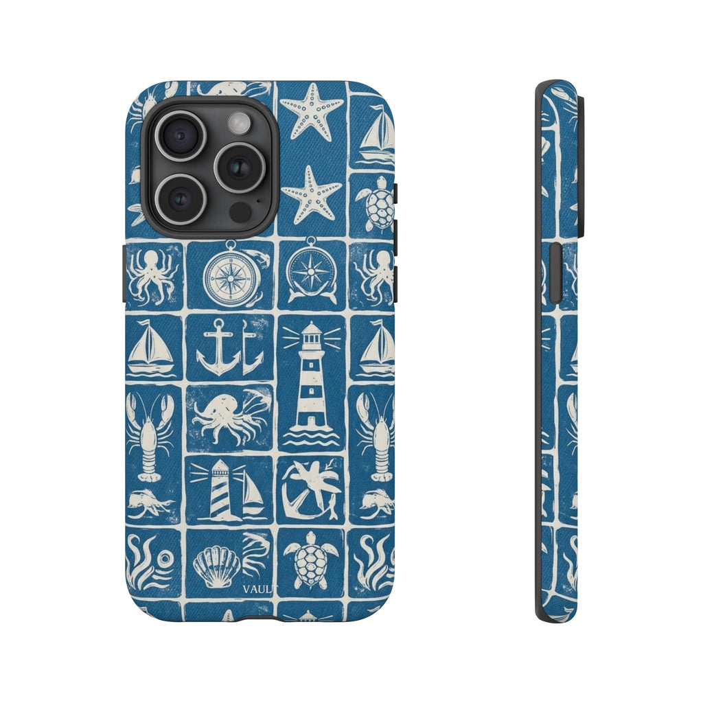 Nautical Tile Phone Case — Blue Coastal Icons (lighthouse, anchor, seashells)