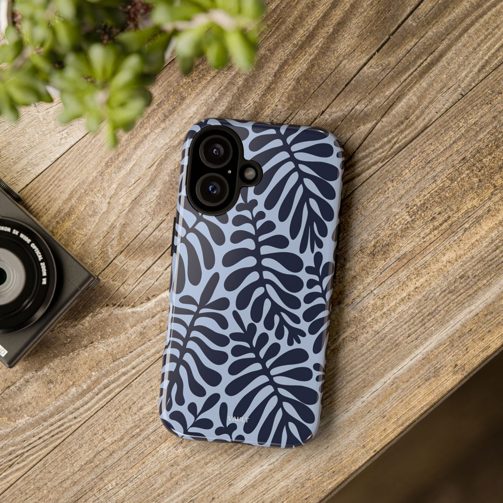 Floral Fern Tough Phone Case – Navy Blue on Light Blue, Protective Slim Cover