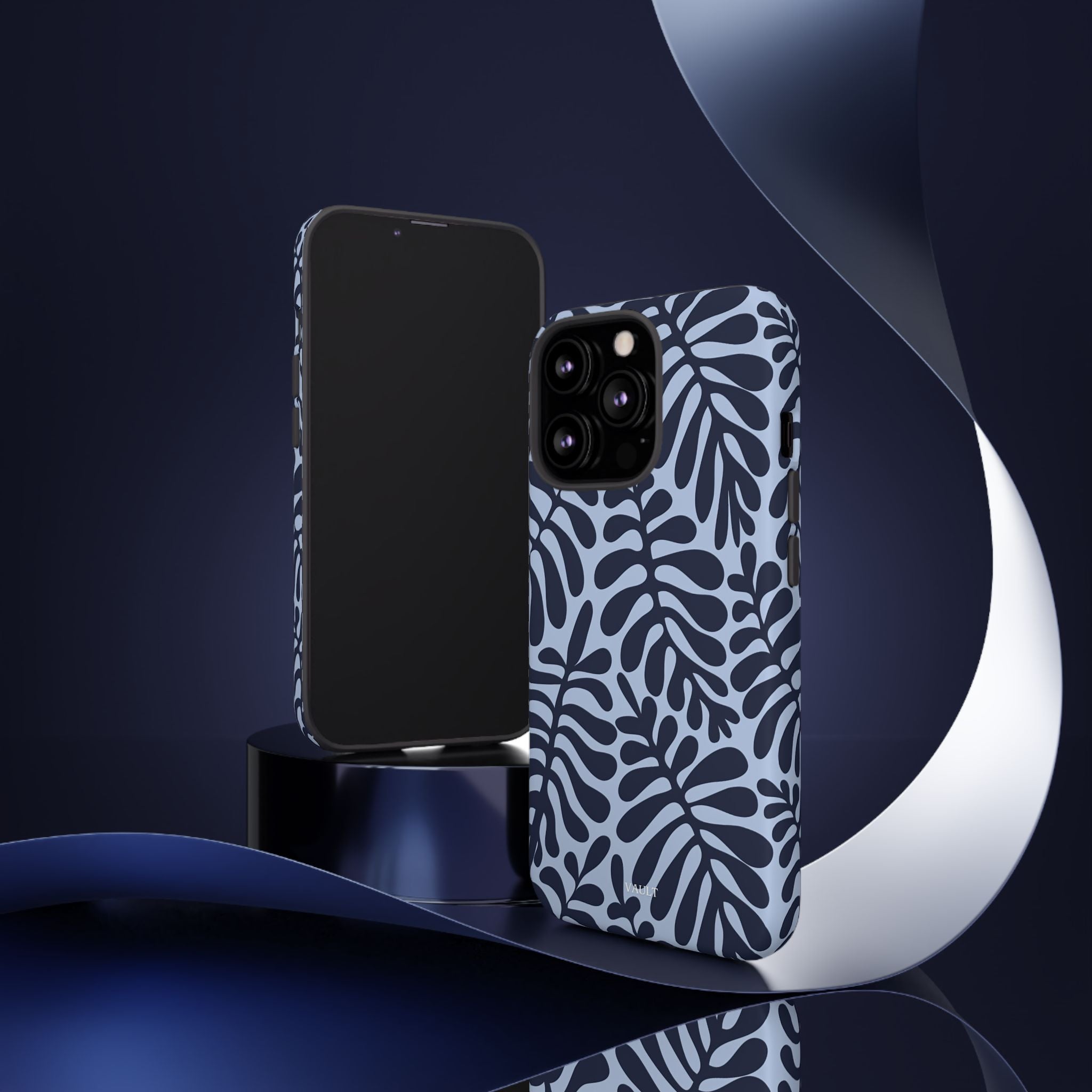 Floral Fern Tough Phone Case – Navy Blue on Light Blue, Protective Slim Cover