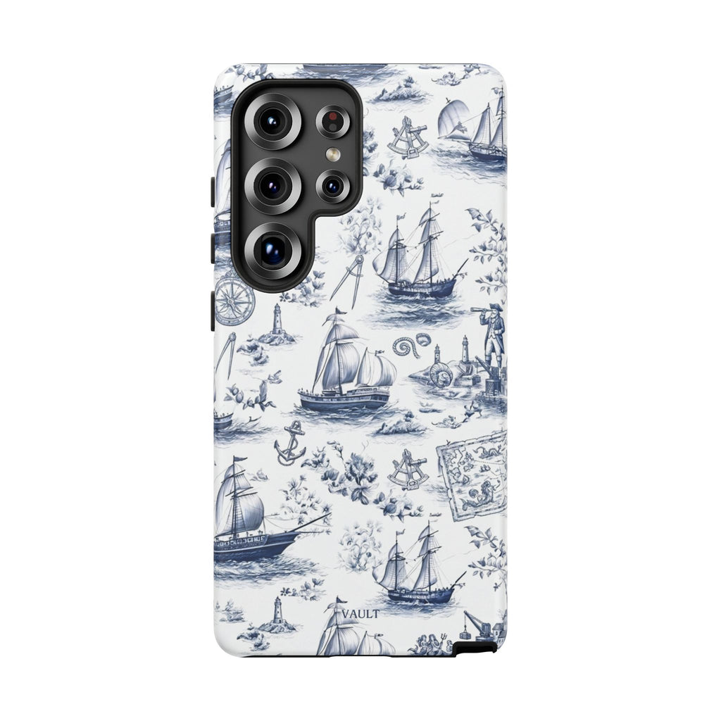 Nautical Vintage Ship Tough Phone Case — Blue Toile Sailboat Pattern