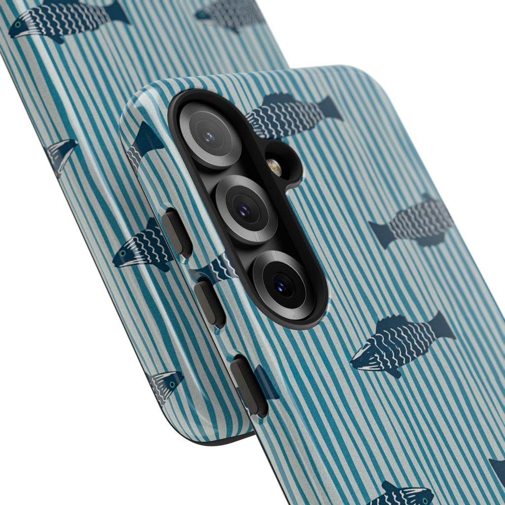 Fish Pattern Tough Phone Case — Blue Striped Ocean Design
