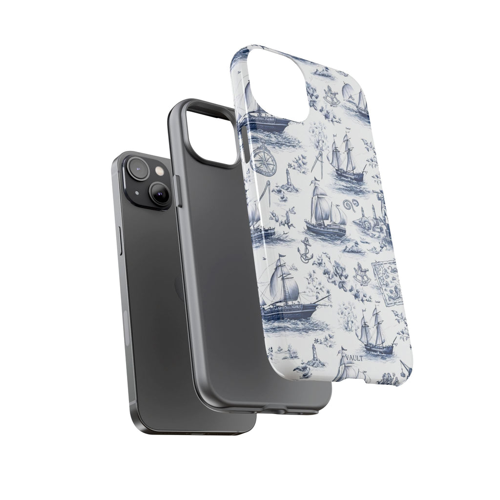 Nautical Vintage Ship Tough Phone Case — Blue Toile Sailboat Pattern
