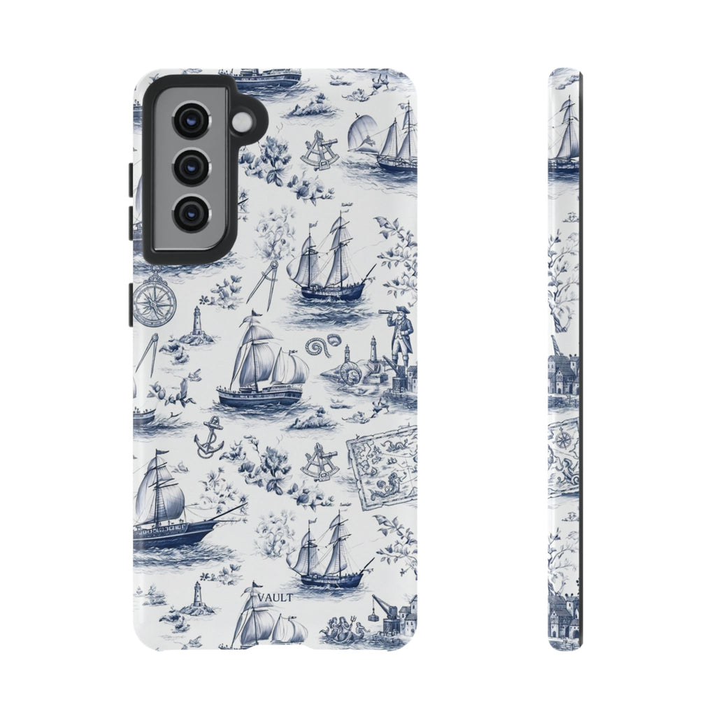 Nautical Vintage Ship Tough Phone Case — Blue Toile Sailboat Pattern